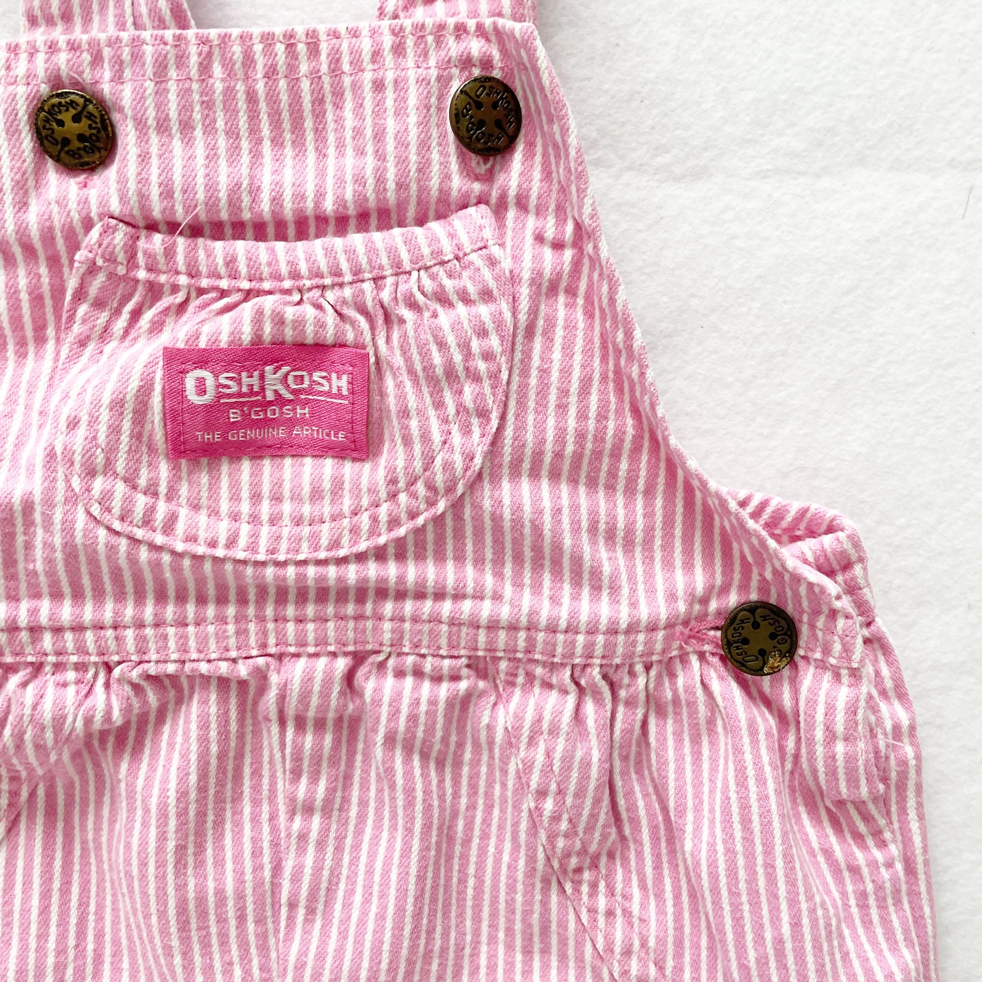 OshKosh Light Pink Hickory Stripe Bubble Shortalls - Yellow Clover Vintage Kids Clothes