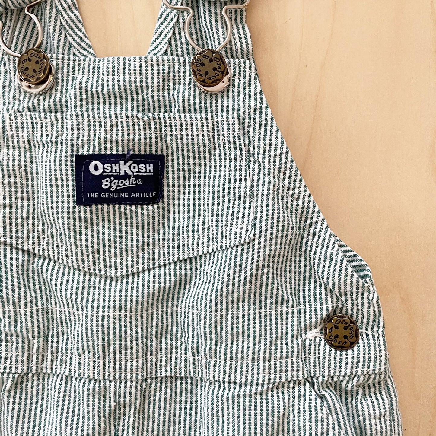 OshKosh Green Fine Striped Shortalls - Yellow Clover Vintage Kids Clothes