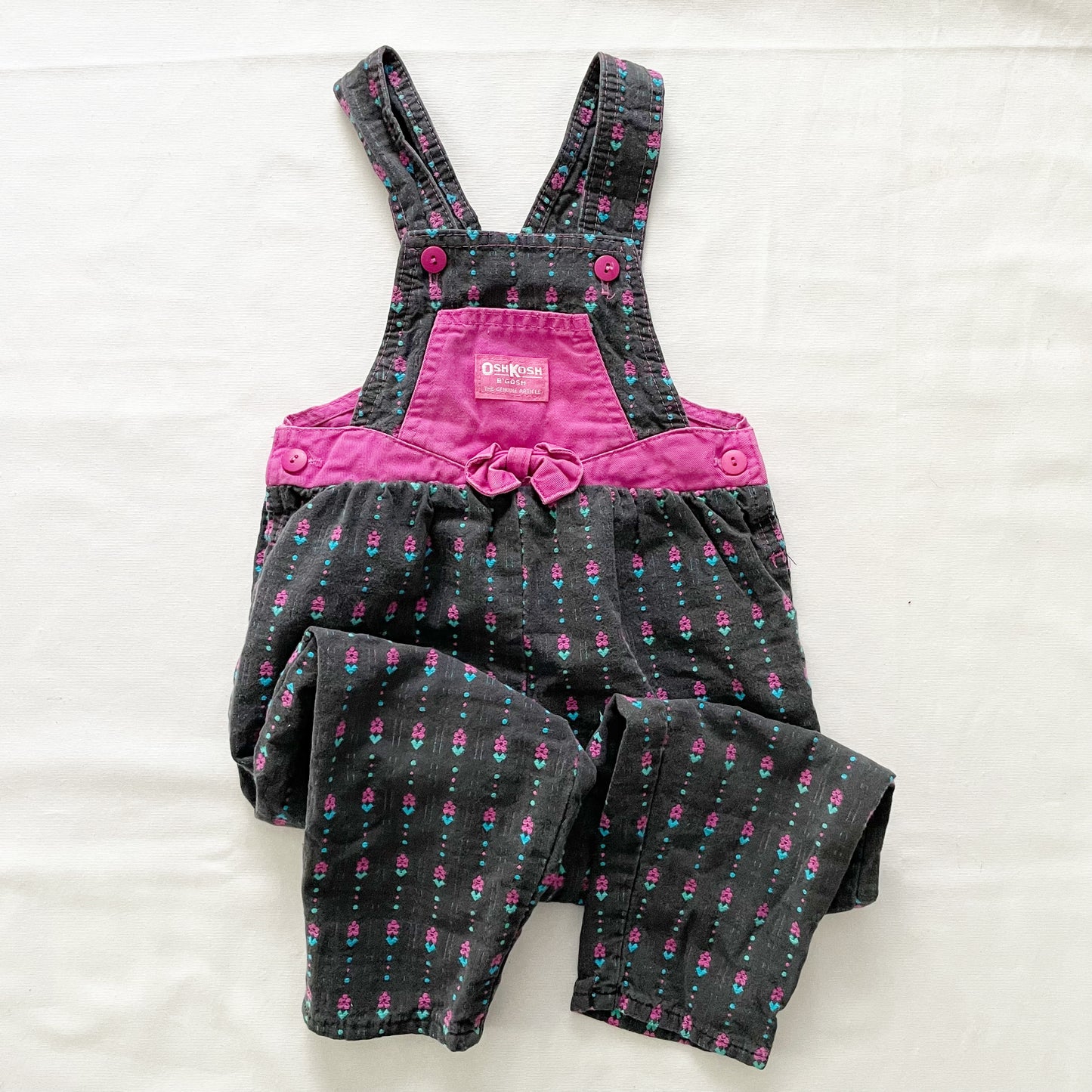 OshKosh Black Floral Woven Bow Front Overalls - Yellow Clover Vintage Kids Clothes