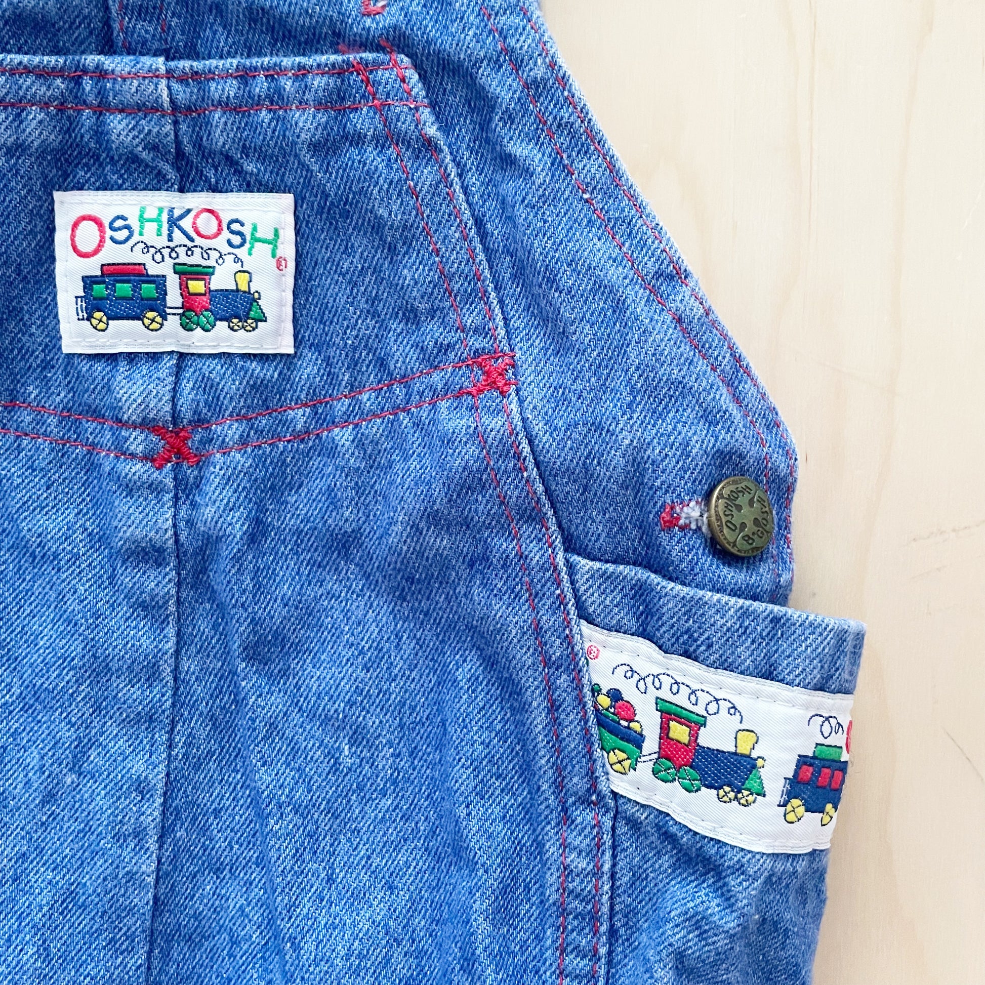 OshKosh Blue Wash Denim Train Bubble Overalls - Yellow Clover Vintage Kids Clothes