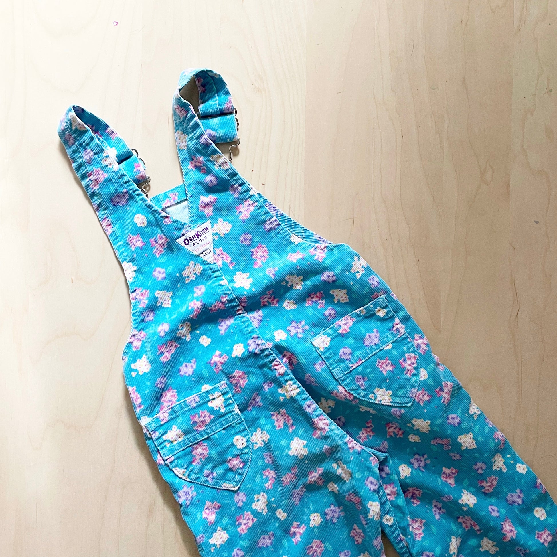 OshKosh Turquoise Floral Cord Overalls - Yellow Clover Vintage Kids Clothes