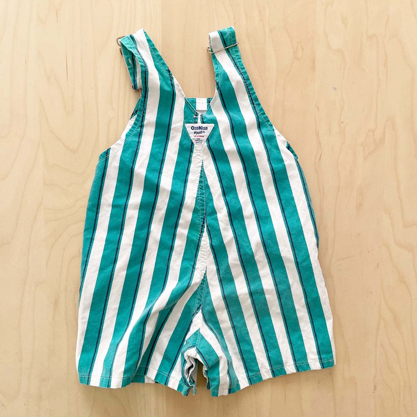 OshKosh Teal Green Stripe Shortalls - Yellow Clover Vintage Kids Clothes