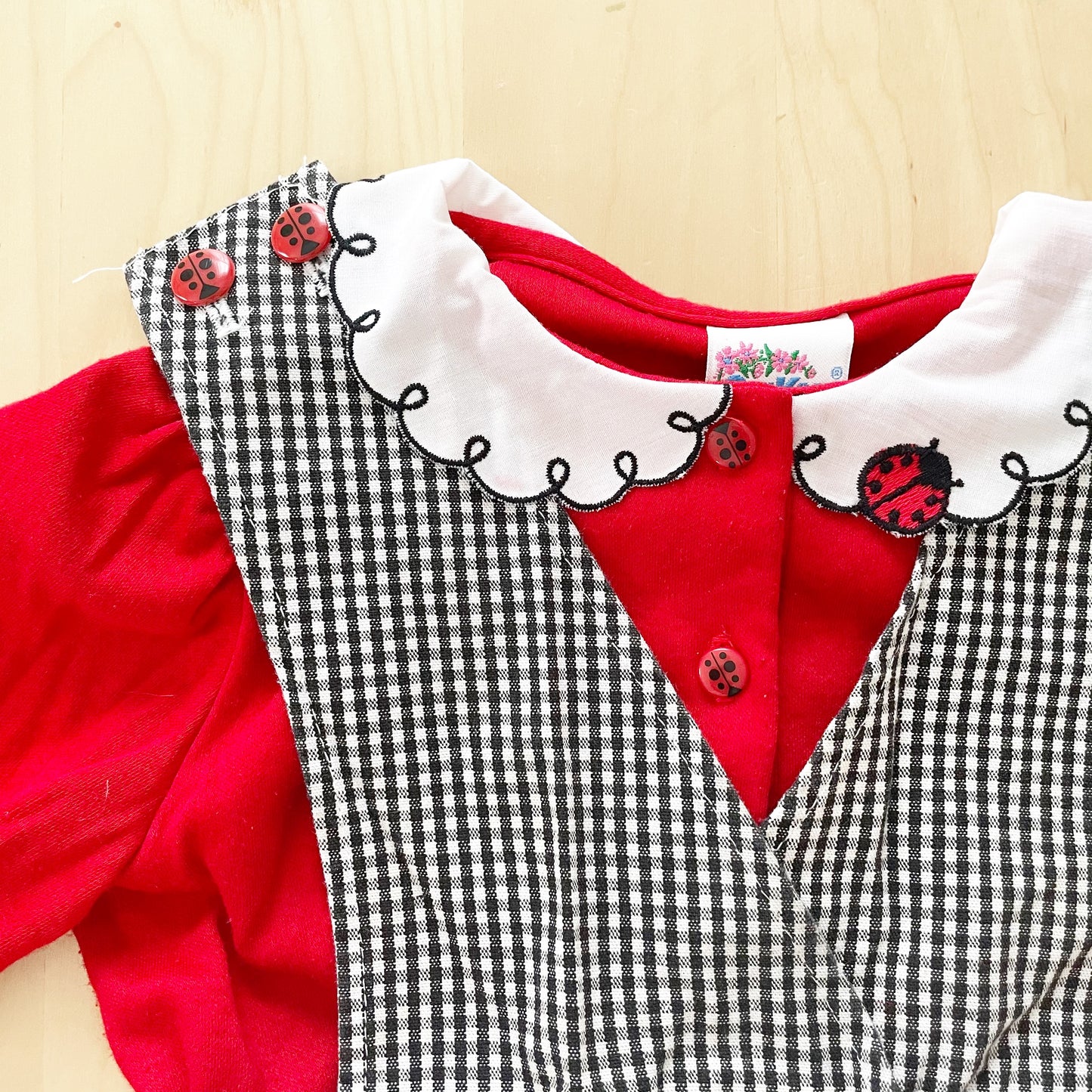 Vintage OshKosh Ladybug Checkered Pinafore Set - Yellow Clover Vintage Kids Clothes
