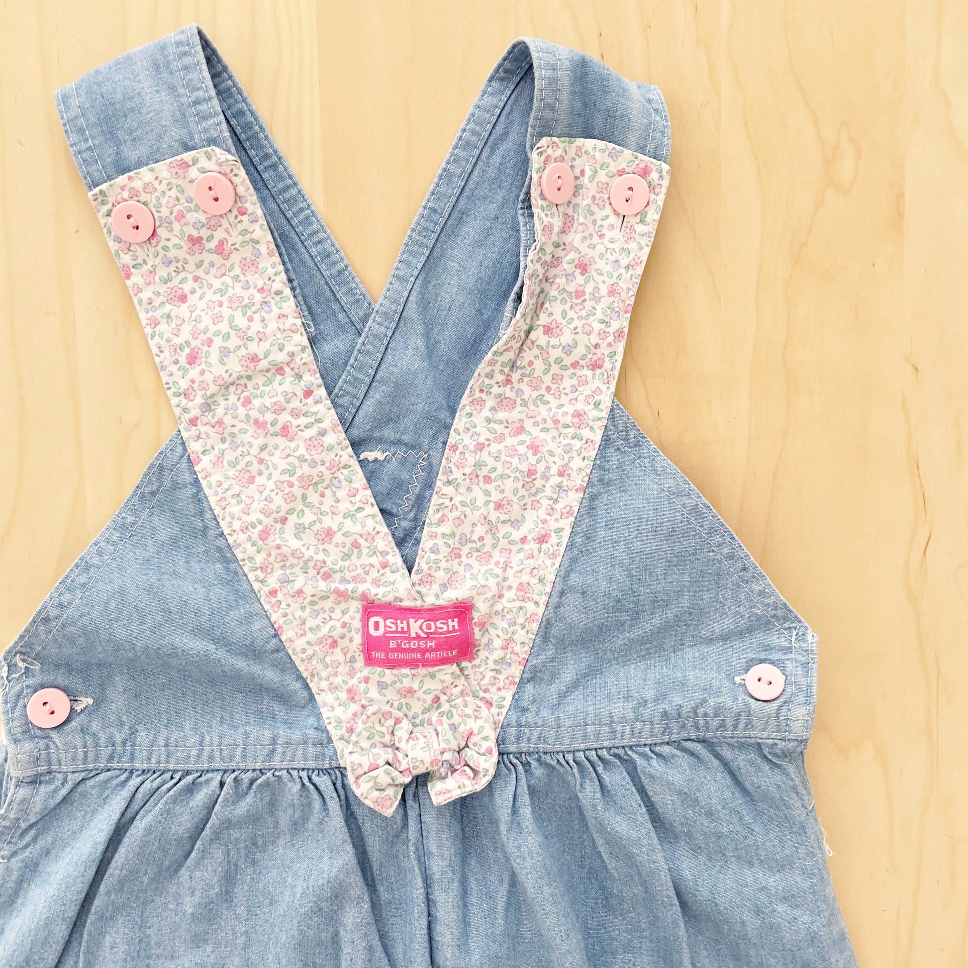 OshKosh Chambray Floral Bow Front Shortalls - Yellow Clover Vintage Kids Clothes