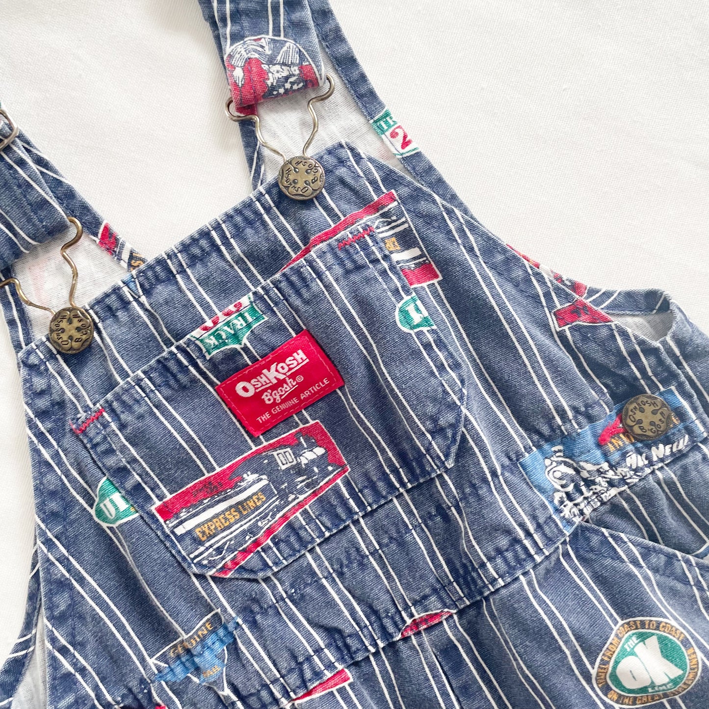 OshKosh Striped Railroad Theme Overalls - Yellow Clover Vintage Kids Clothes