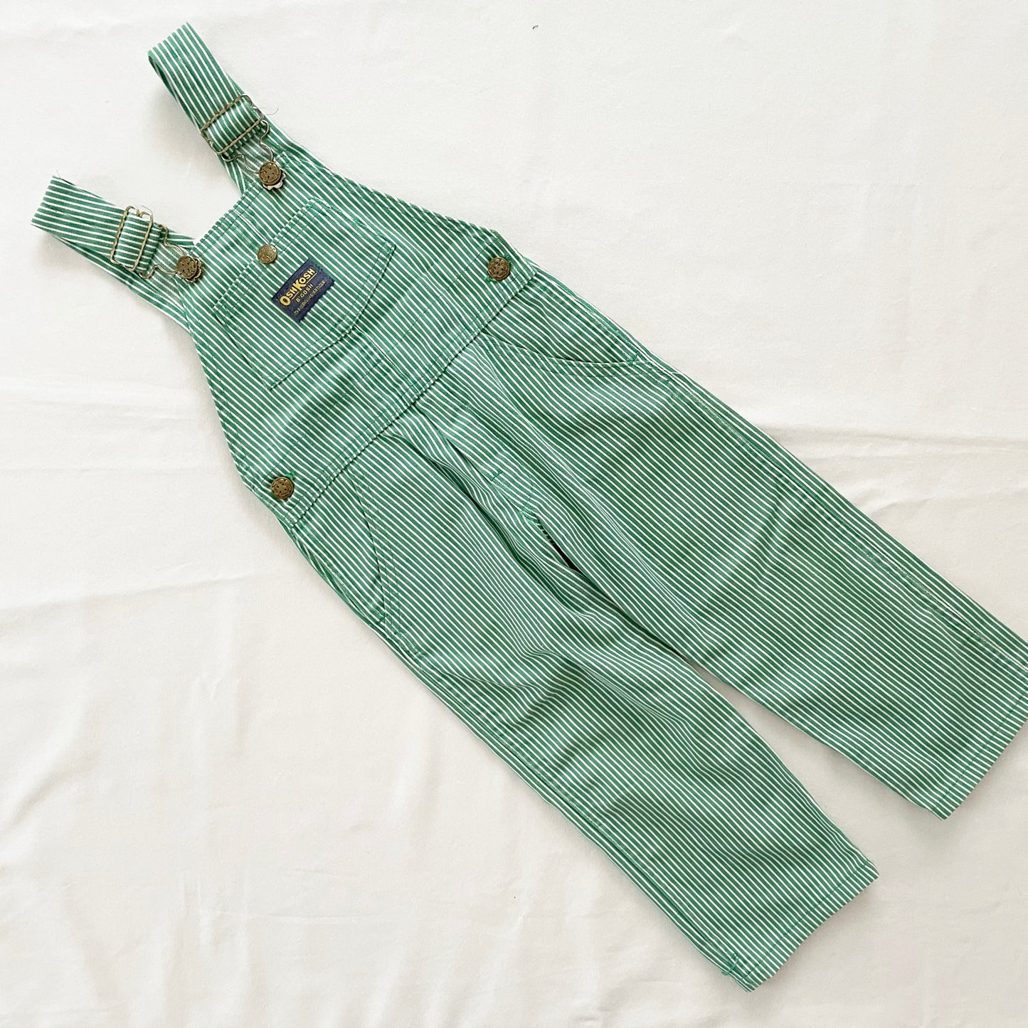 OshKosh Green Hickory Stripe Overalls - Yellow Clover Vintage Kids Clothes