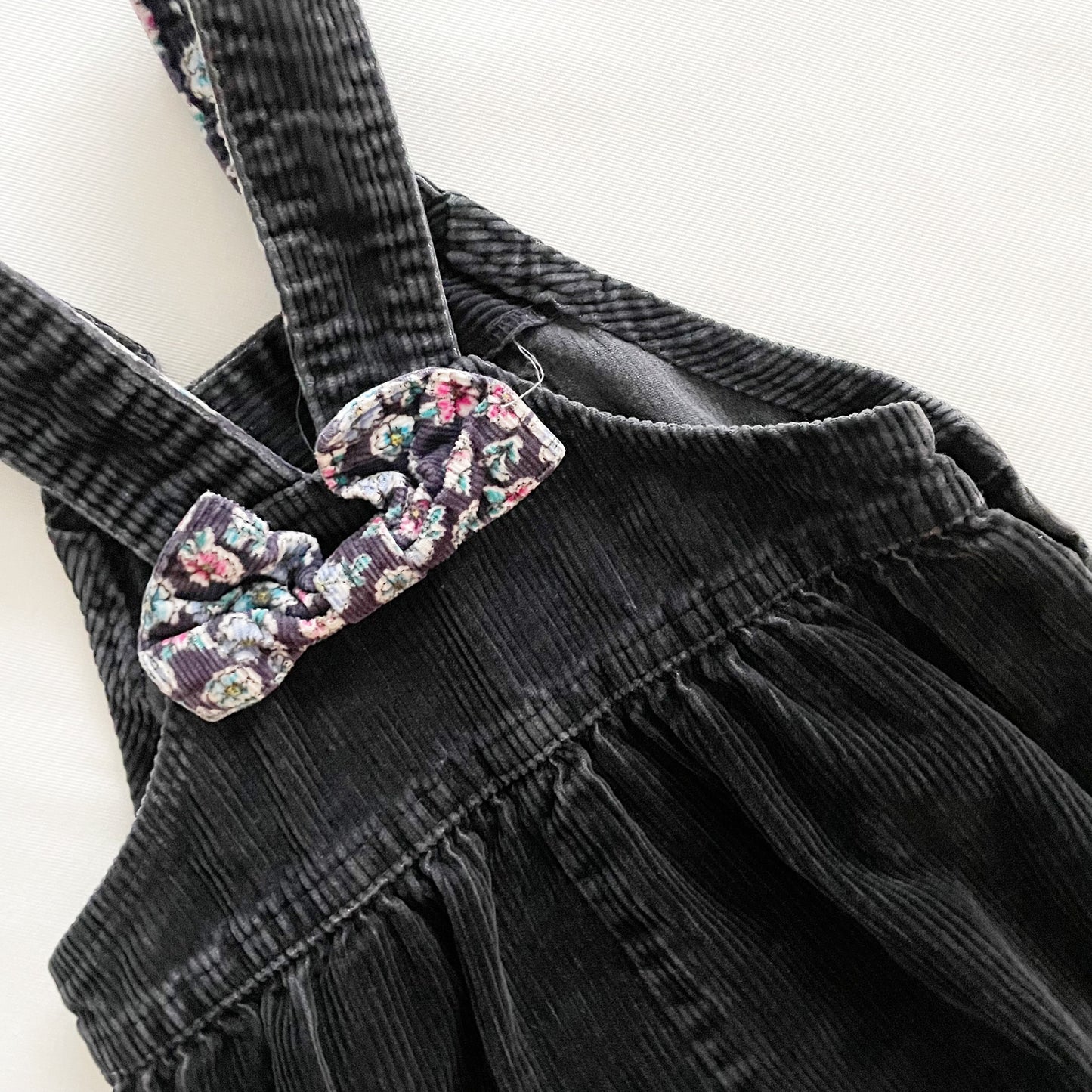 OshKosh Black Floral Bow Back Cord Overalls - Yellow Clover Vintage Kids Clothes