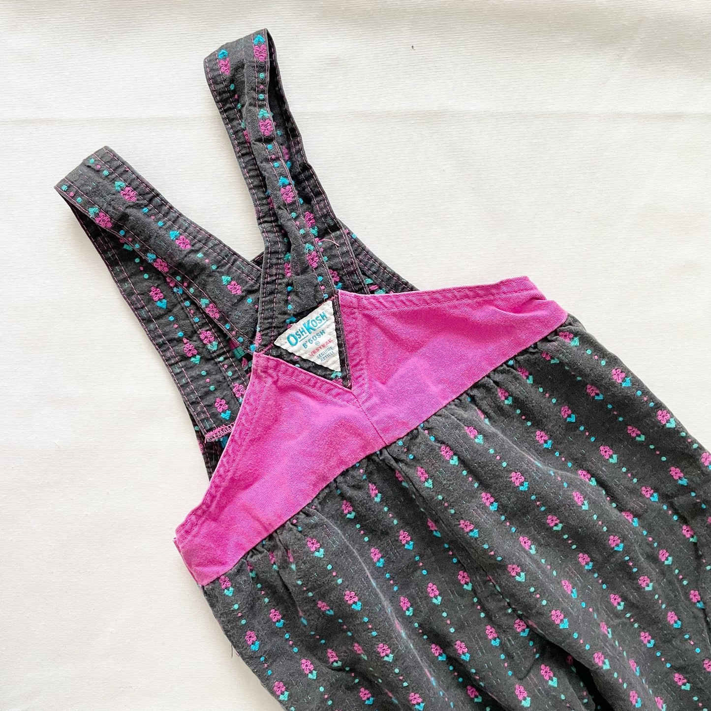 OshKosh Black Floral Woven Bow Front Overalls - Yellow Clover Vintage Kids Clothes