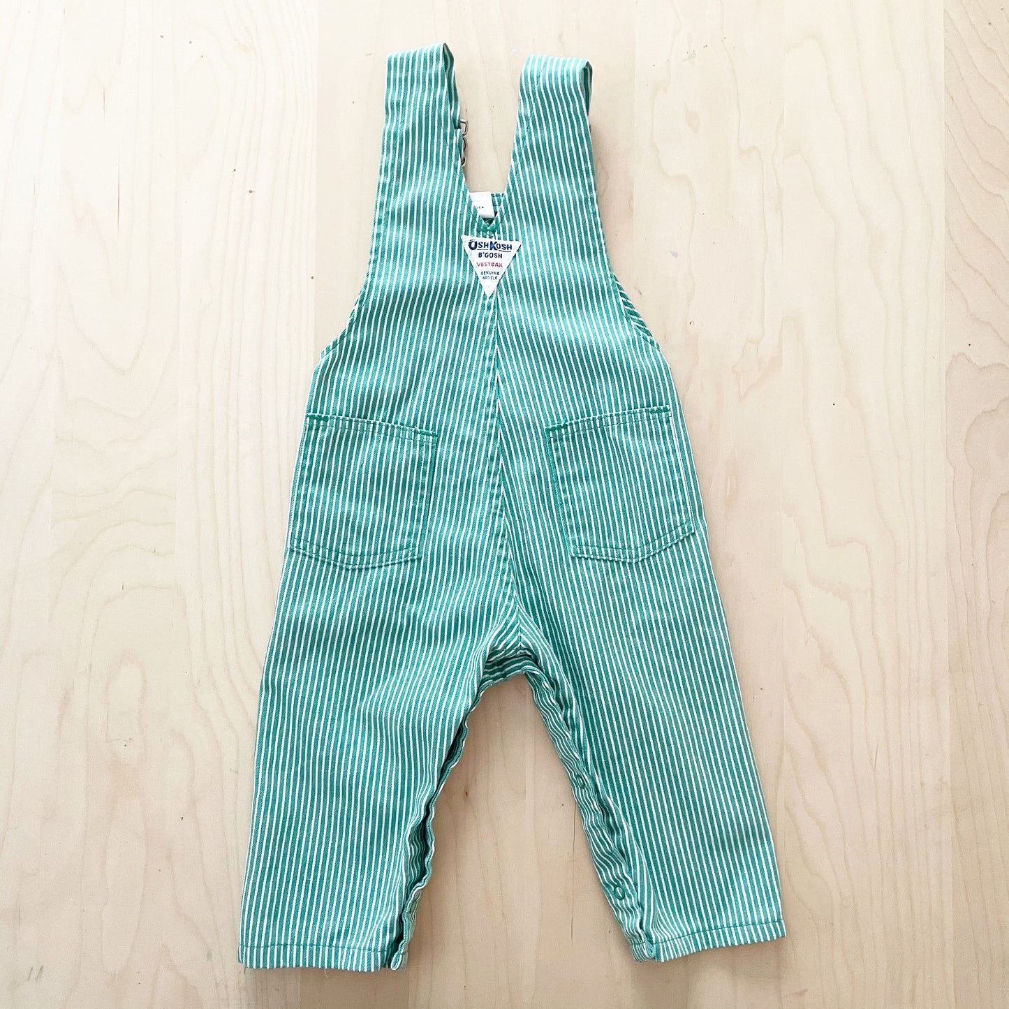 Vintage OshKosh Green Engineer Stripe Overalls - Yellow Clover Vintage Kids Clothes