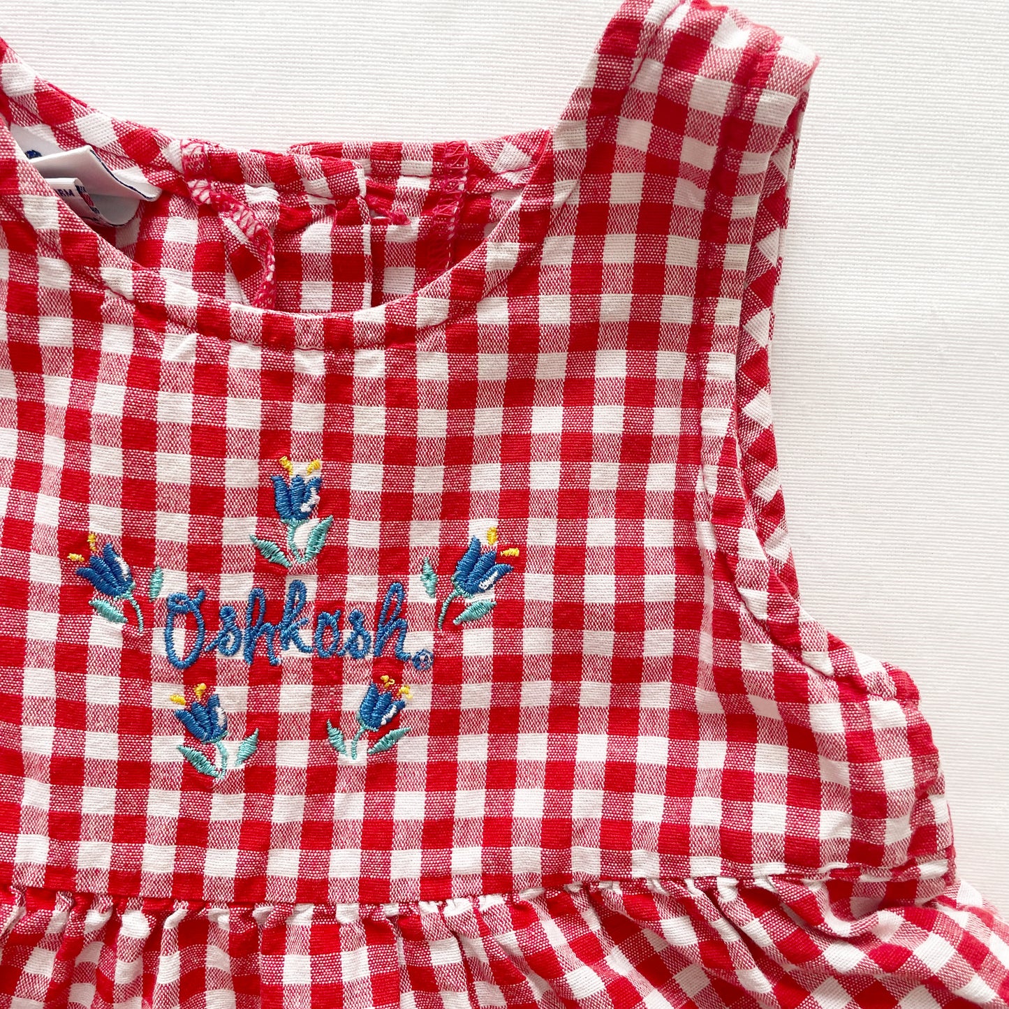 OshKosh Red Gingham Tiered Embroidered Dress - Yellow Clover Vintage Kids Clothes