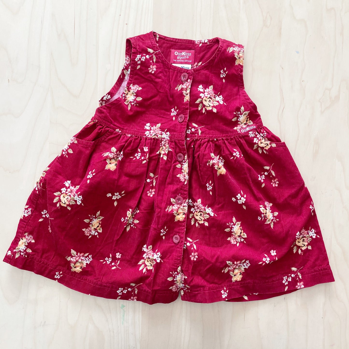 OshKosh Red Floral Fine Cord Dress - Yellow Clover Vintage Kids Clothes