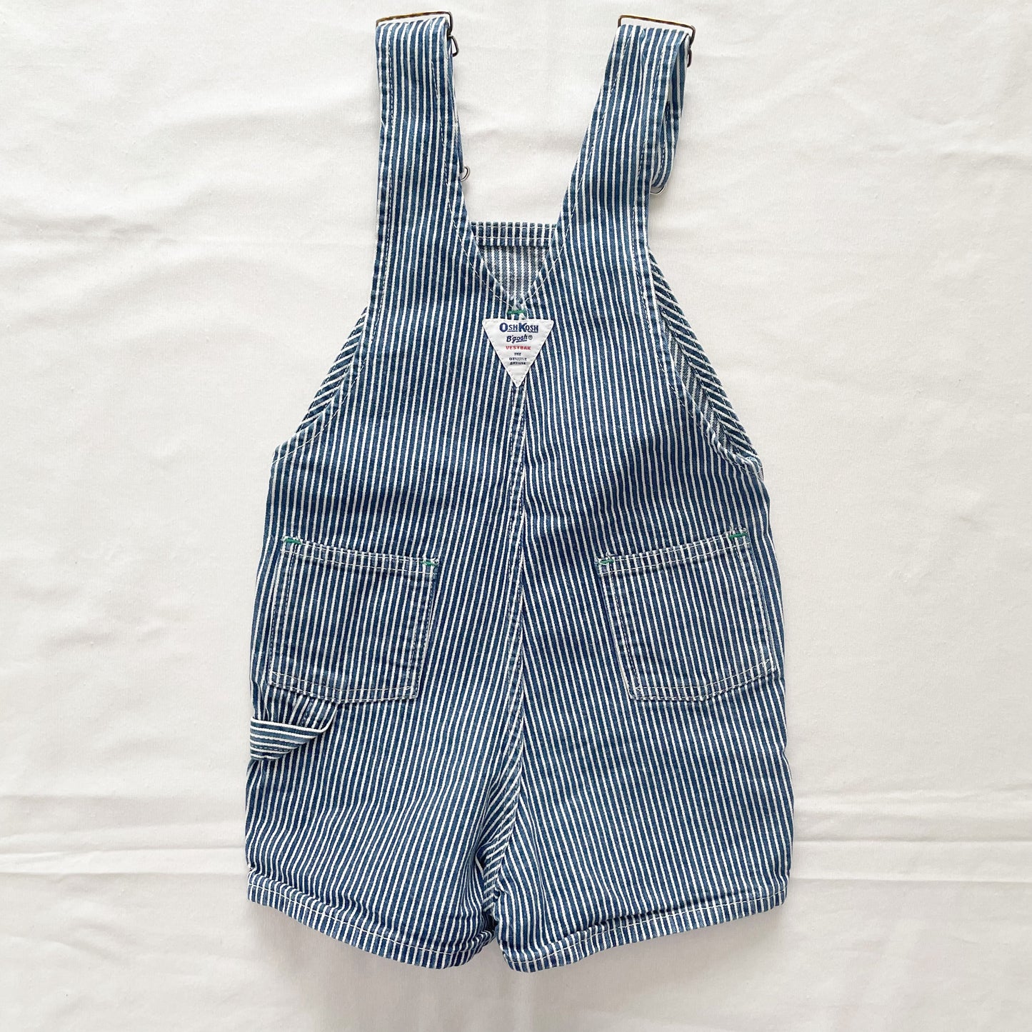 OshKosh Dark Denim Hickory Stripe Shortalls - Yellow Clover Vintage Kids Clothes