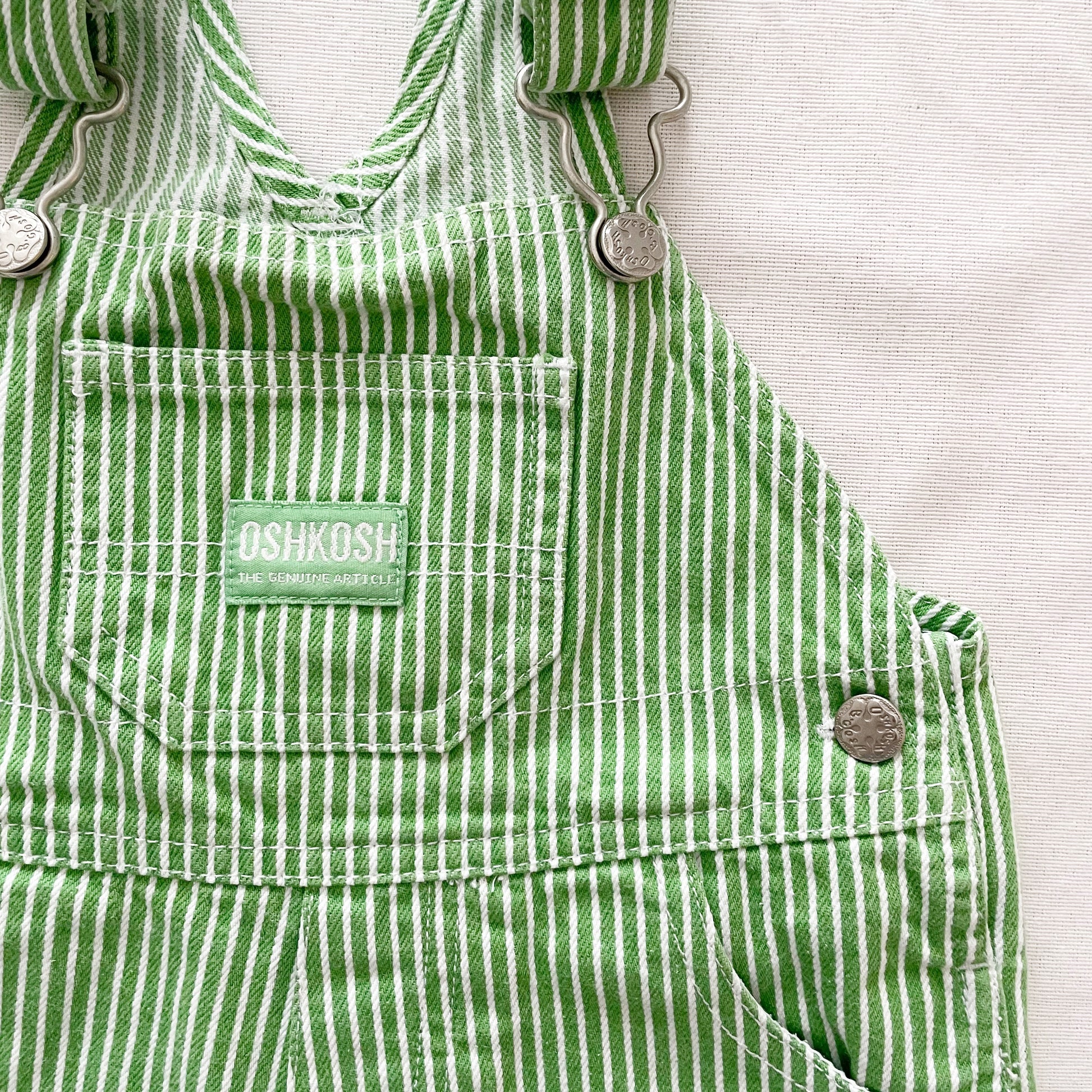 OshKosh Bright Green Stripe Shortalls - Yellow Clover Vintage Kids Clothes