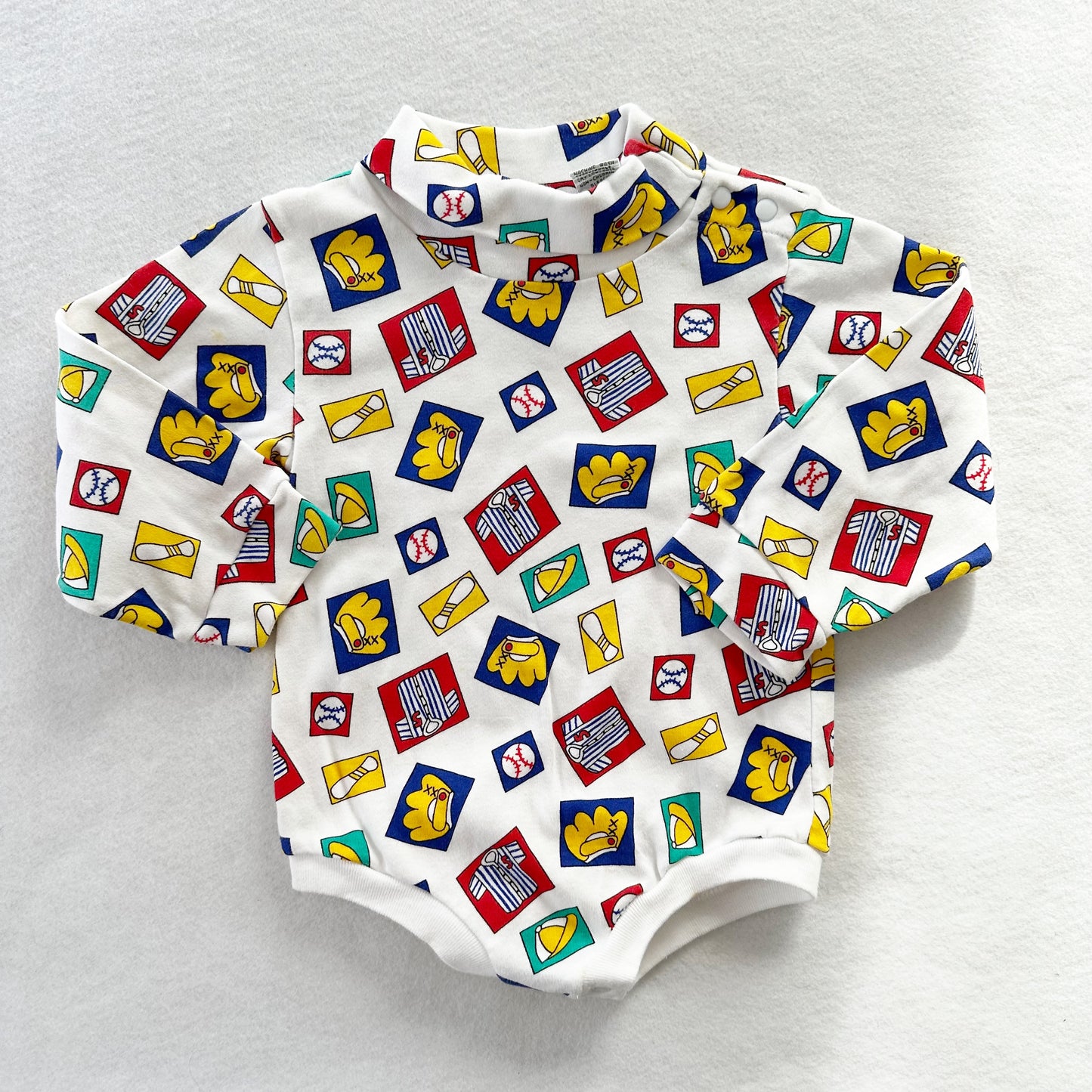 Jelly Beans Baseball Print Turtleneck Onesie - Yellow Clover Vintage Kids Clothes