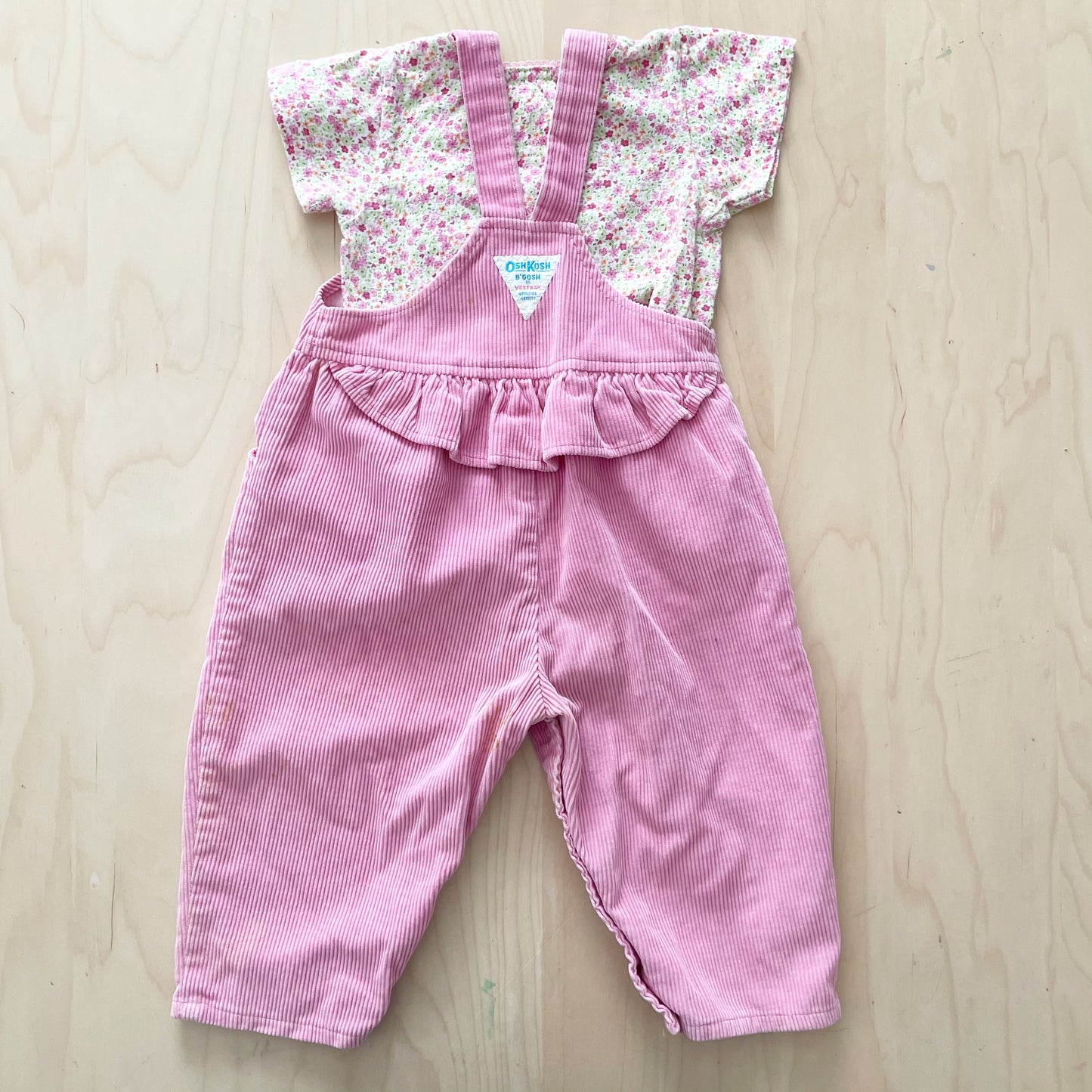 OshKosh Pink Cord Ruffle Back Overalls with Bodysuit - Yellow Clover Vintage Kids Clothes