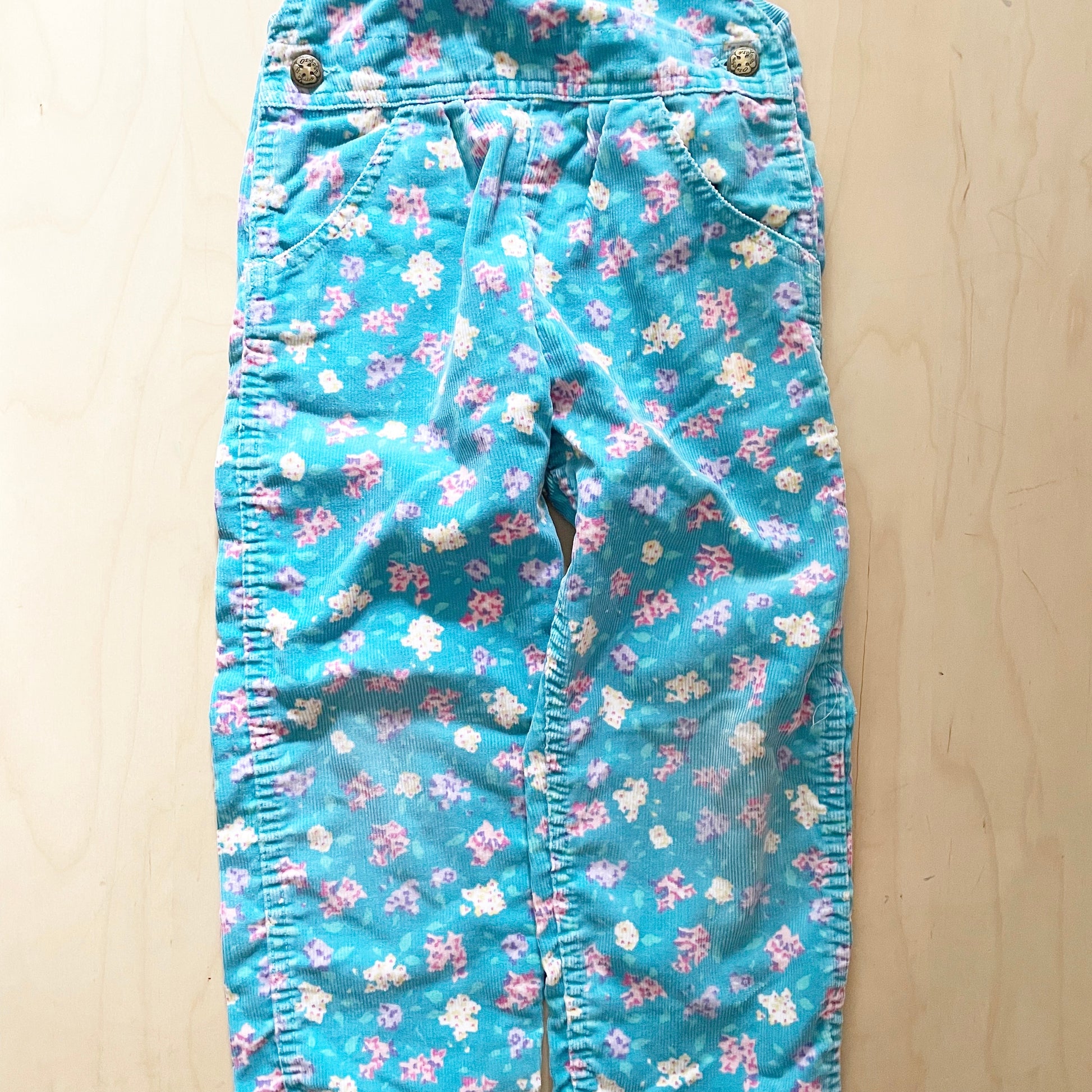 OshKosh Turquoise Floral Cord Overalls - Yellow Clover Vintage Kids Clothes