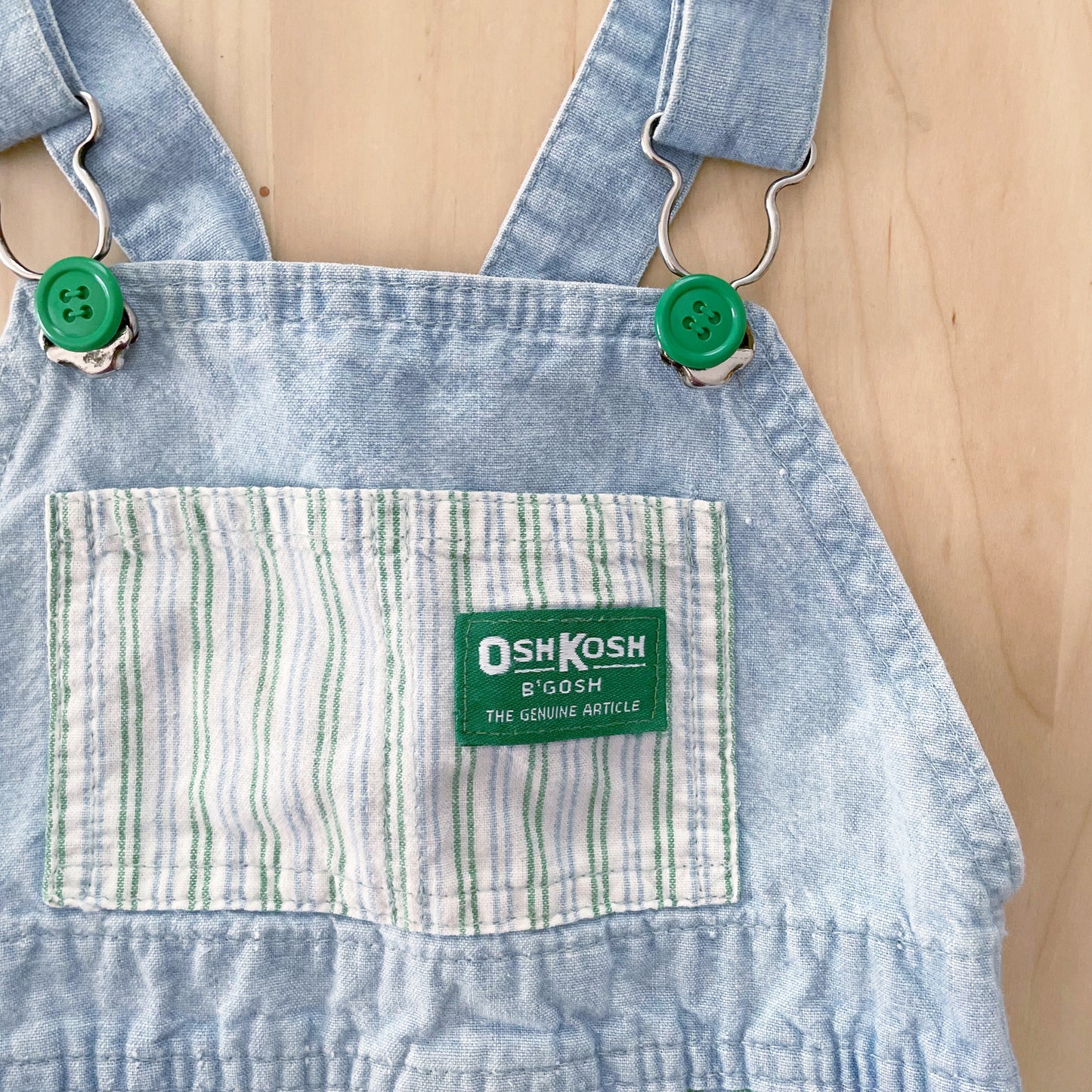 OshKosh Chambray Green Stripe Shortalls - Yellow Clover Vintage Kids Clothes