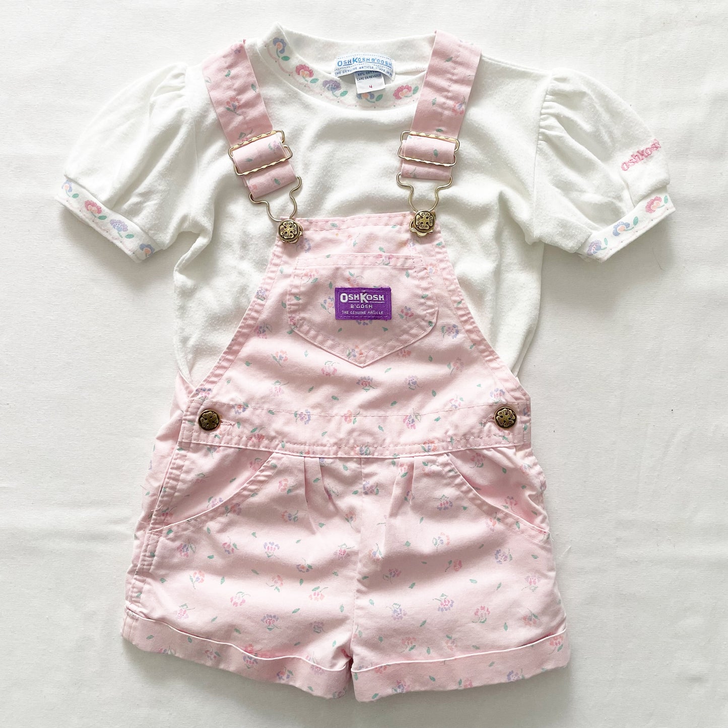 OshKosh Light Pink Floral Print Shortalls Set - Yellow Clover Vintage Kids Clothes