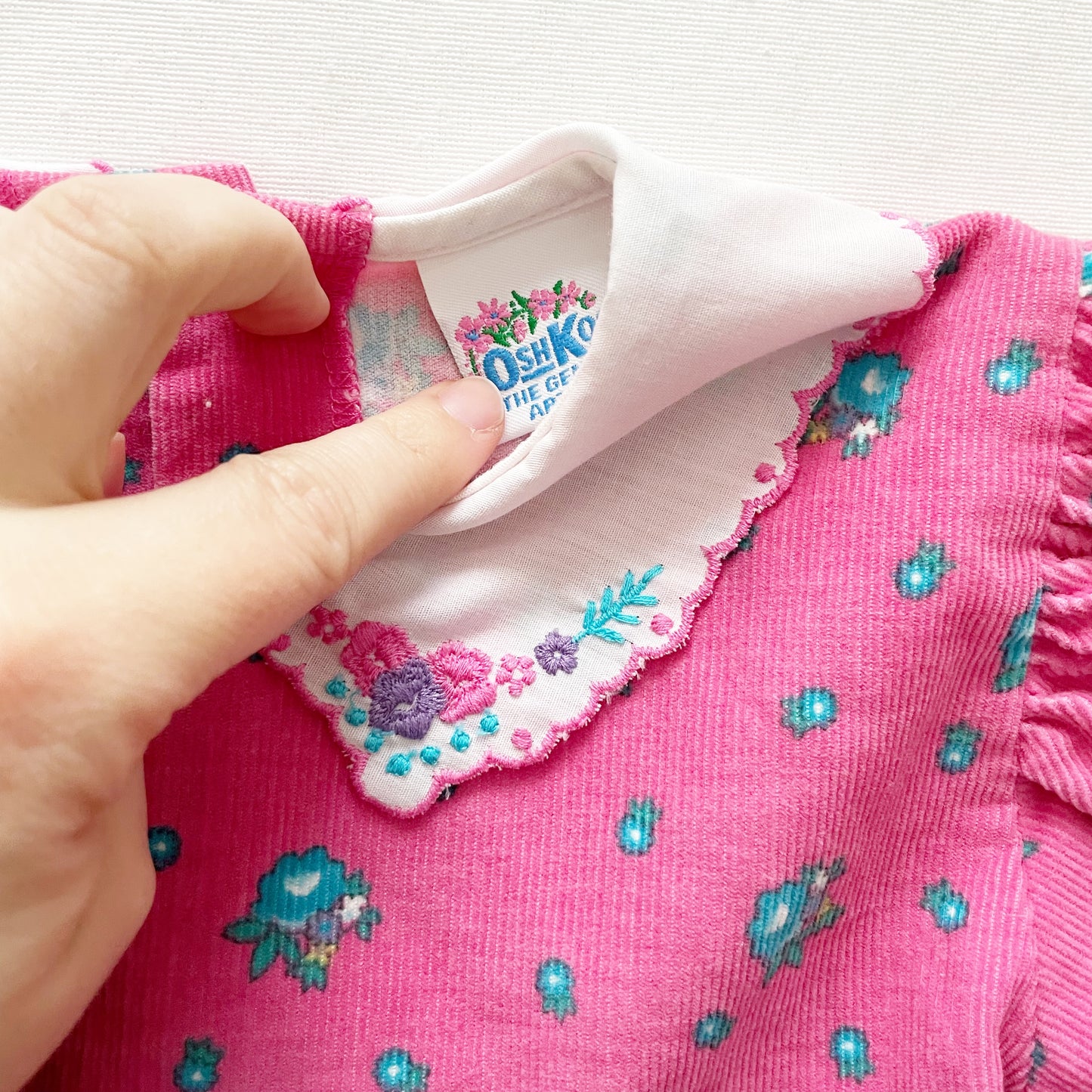 OshKosh Pink and Turquoise Floral Cord Dress - Yellow Clover Vintage Kids Clothes