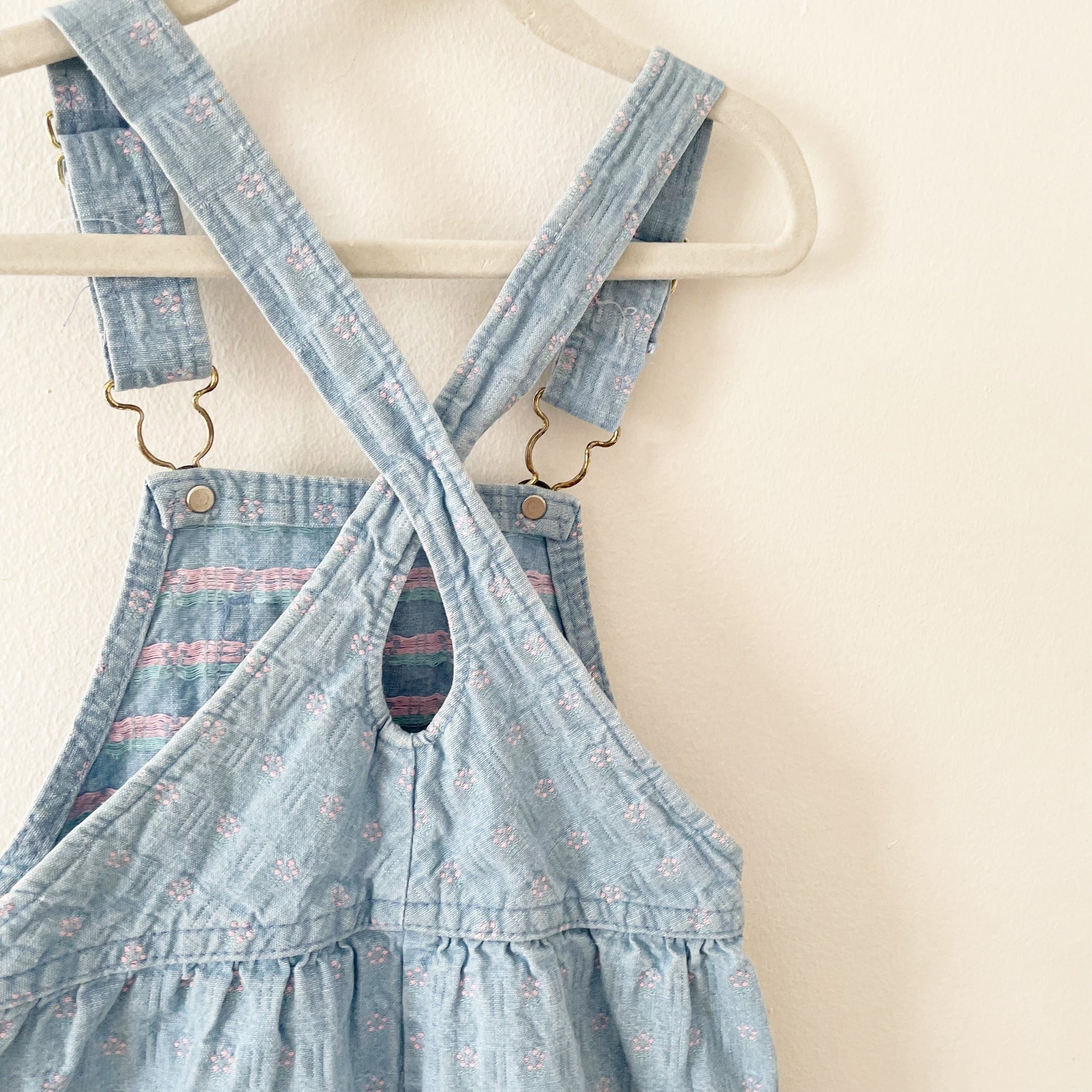 OshKosh Floral Woven Light Wash Keyhole Back Overalls - Yellow Clover Vintage Kids Clothes