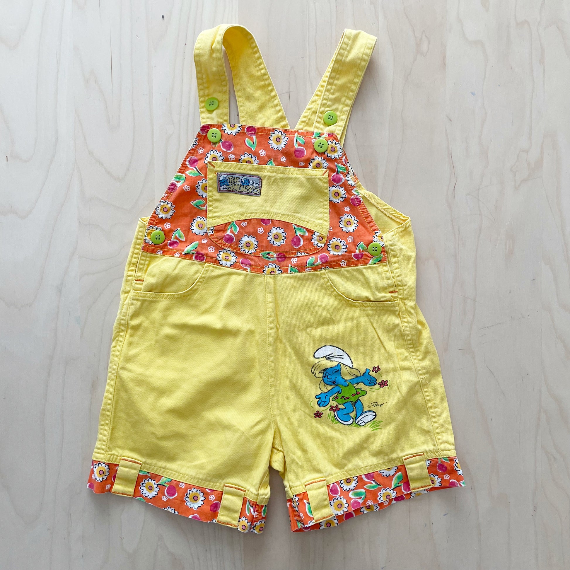 Smurfs Yellow Floral Shortalls - Yellow Clover Vintage Kids Clothes