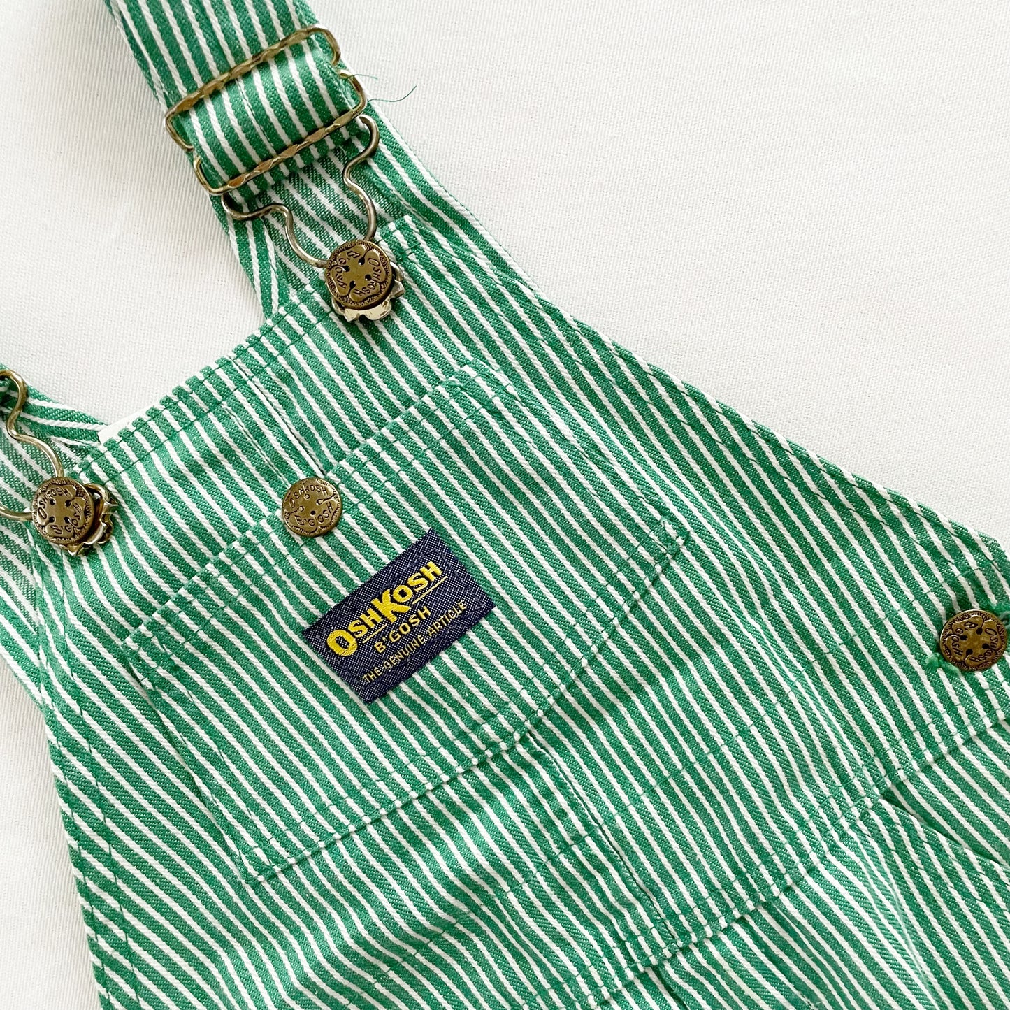 OshKosh Green Hickory Stripe Overalls - Yellow Clover Vintage Kids Clothes