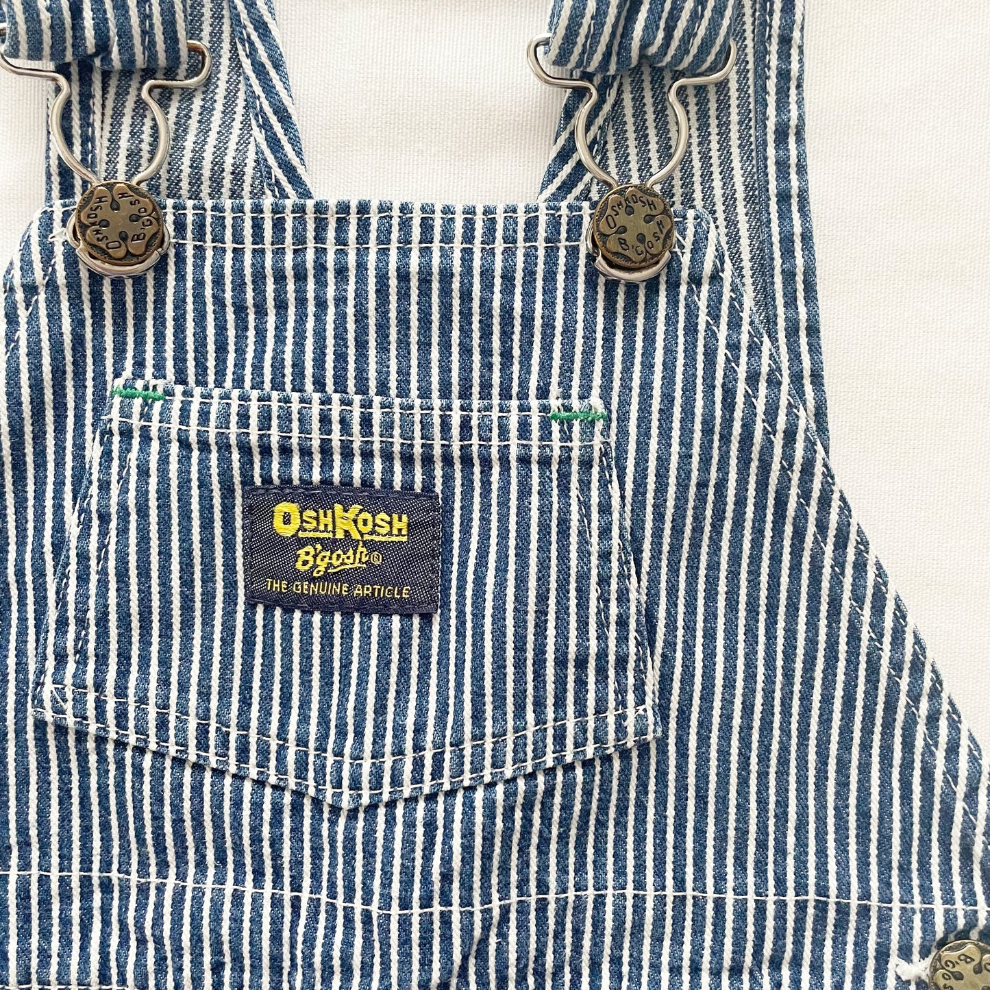 OshKosh Dark Denim Hickory Stripe Shortalls - Yellow Clover Vintage Kids Clothes