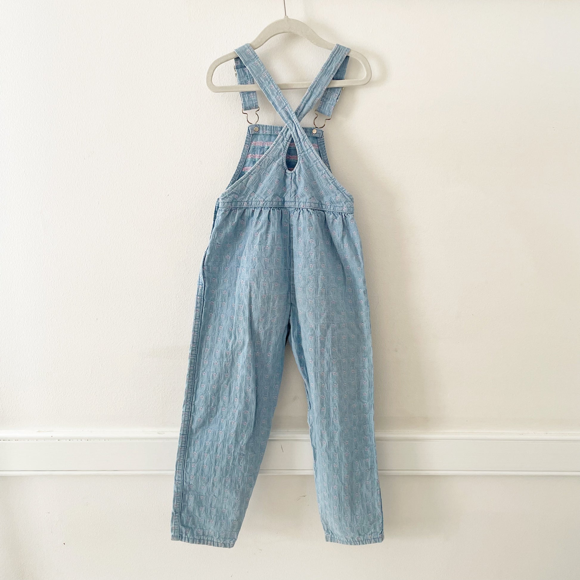 OshKosh Floral Woven Light Wash Keyhole Back Overalls - Yellow Clover Vintage Kids Clothes