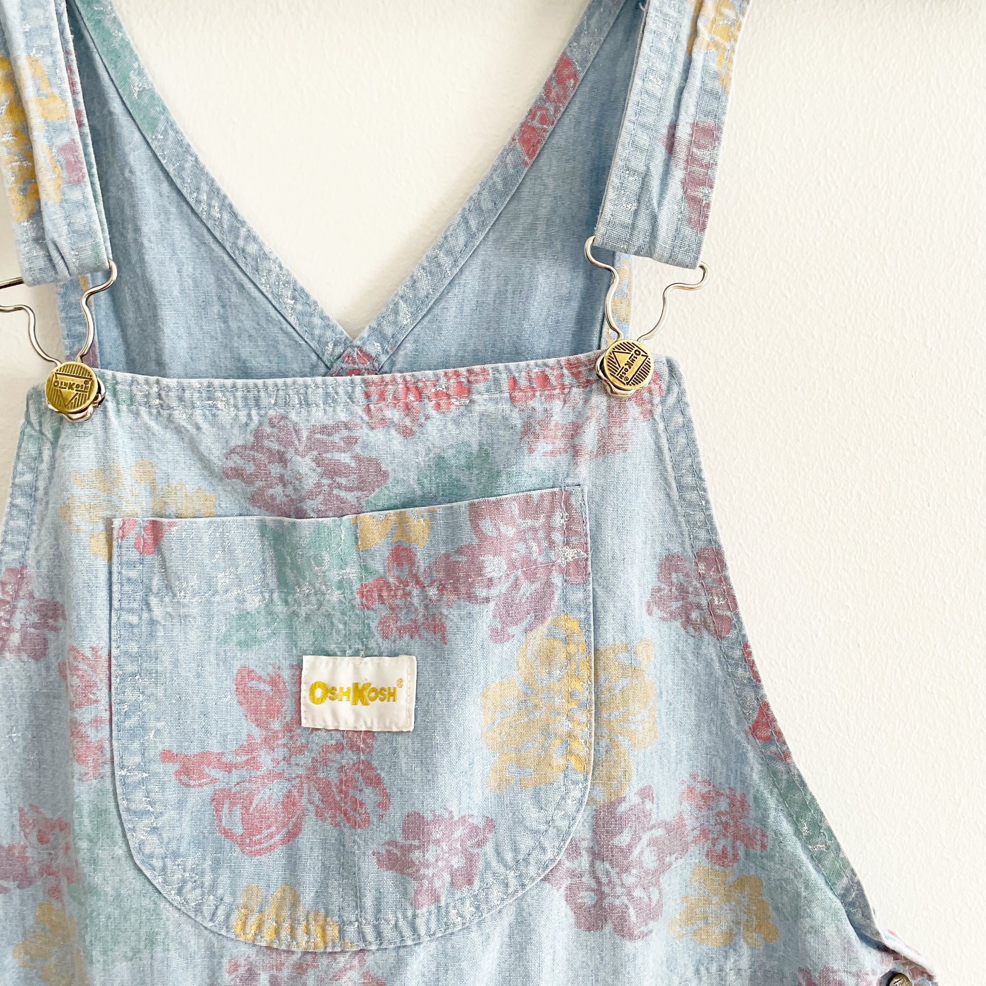 OshKosh Women’s Floral Chambray Shortalls - Yellow Clover Vintage Kids Clothes