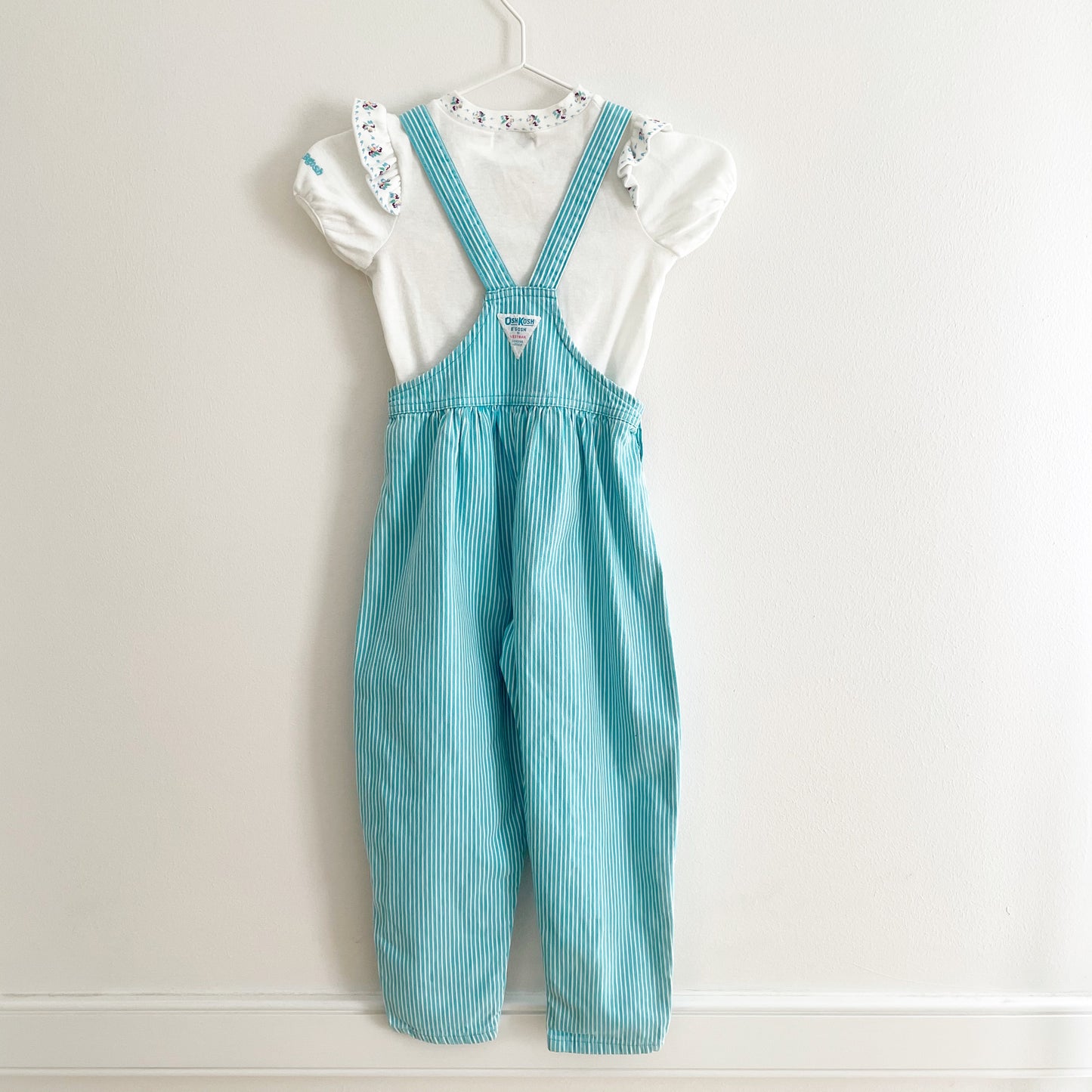 OshKosh Turquoise Stripe Bubble Overalls Set - Yellow Clover Vintage Kids Clothes