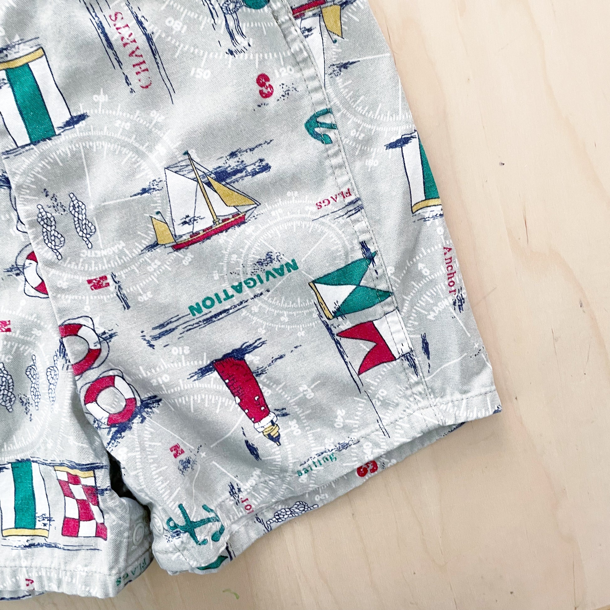 OshKosh Khaki Sailing Print Shortalls - Yellow Clover Vintage Kids Clothes