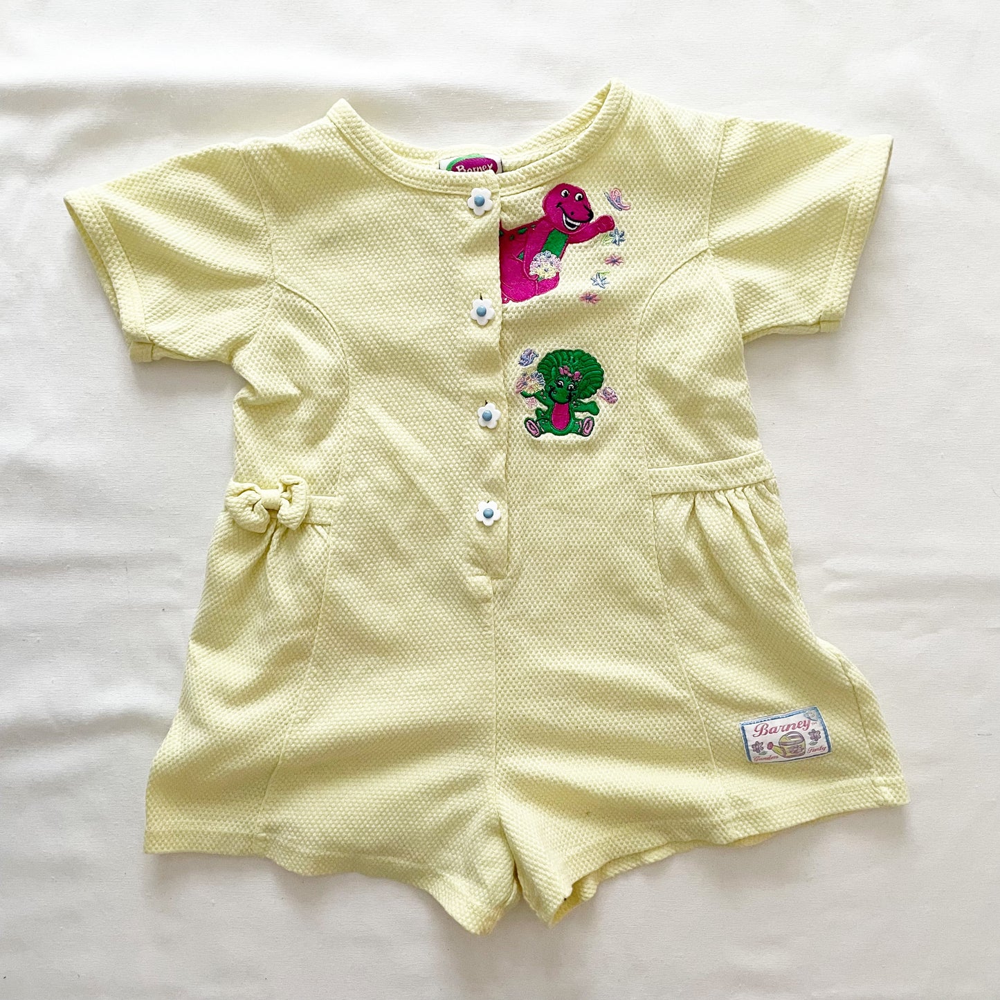 Barney and Baby Bop Garden Flowers Romper • 4T - Yellow Clover Vintage Kids Clothes