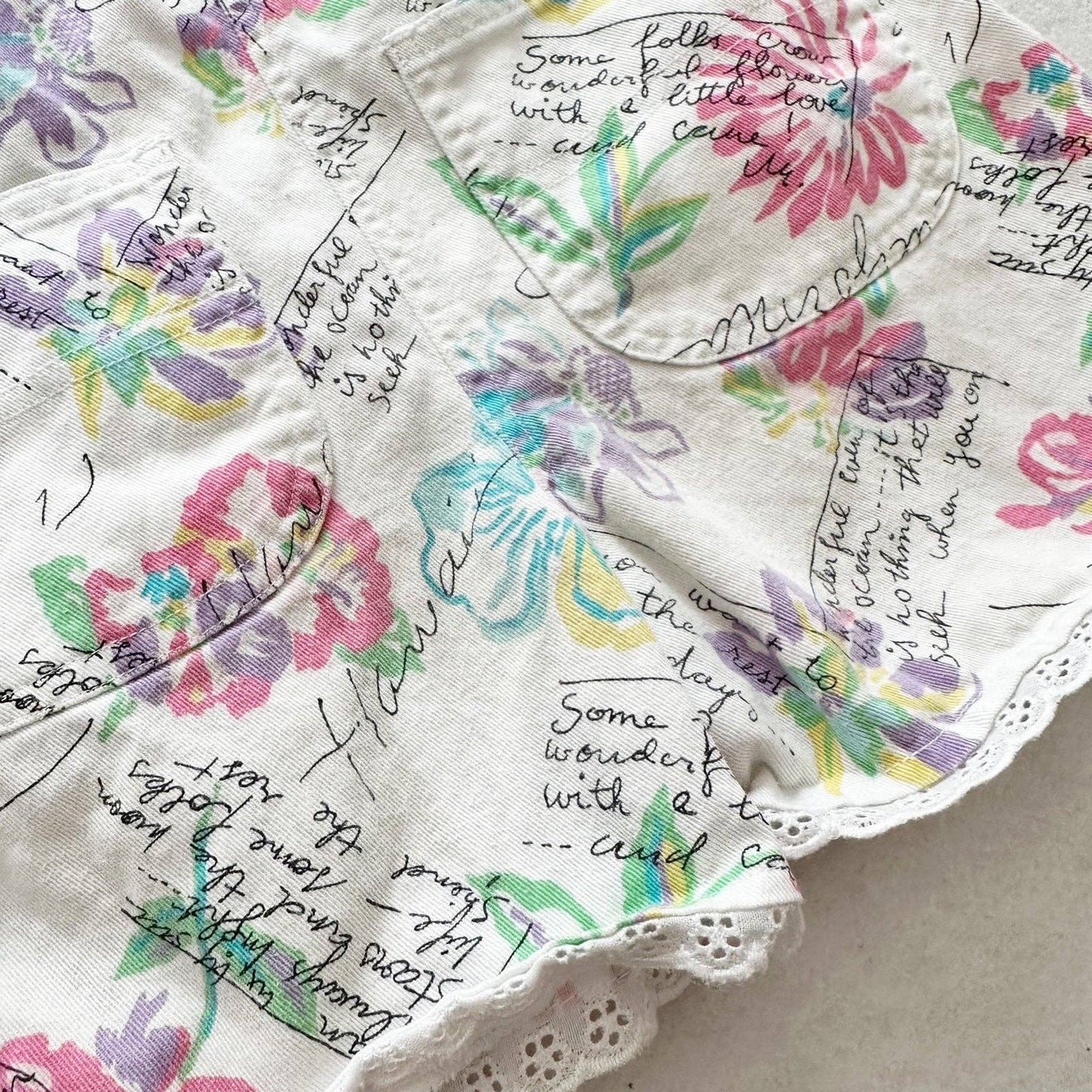 90s Floral Vacation Print Shortall Overalls - Yellow Clover Vintage Kids Clothes