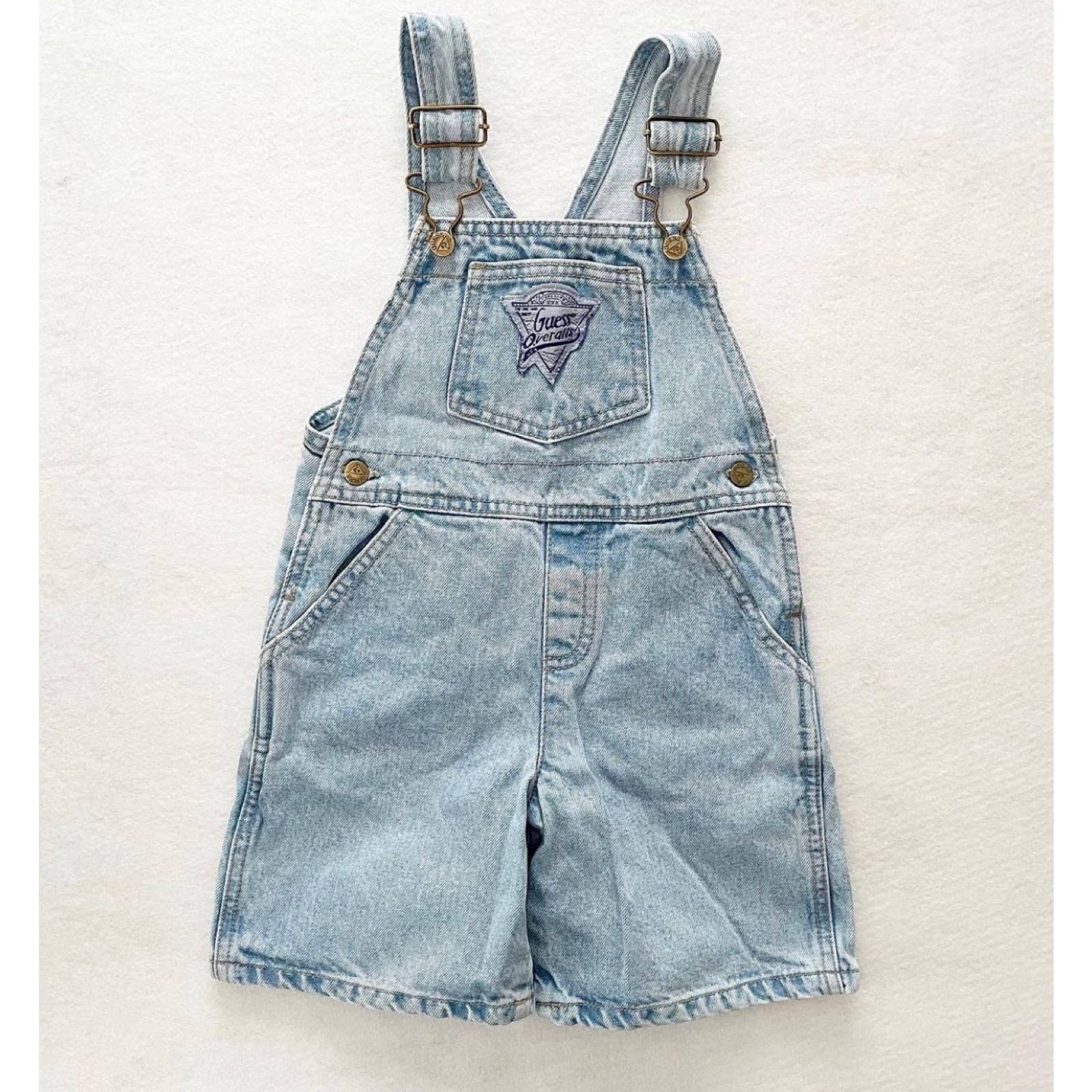 Vintage Guess Light Wash Patch Logo Overalls - Yellow Clover Vintage Kids Clothes