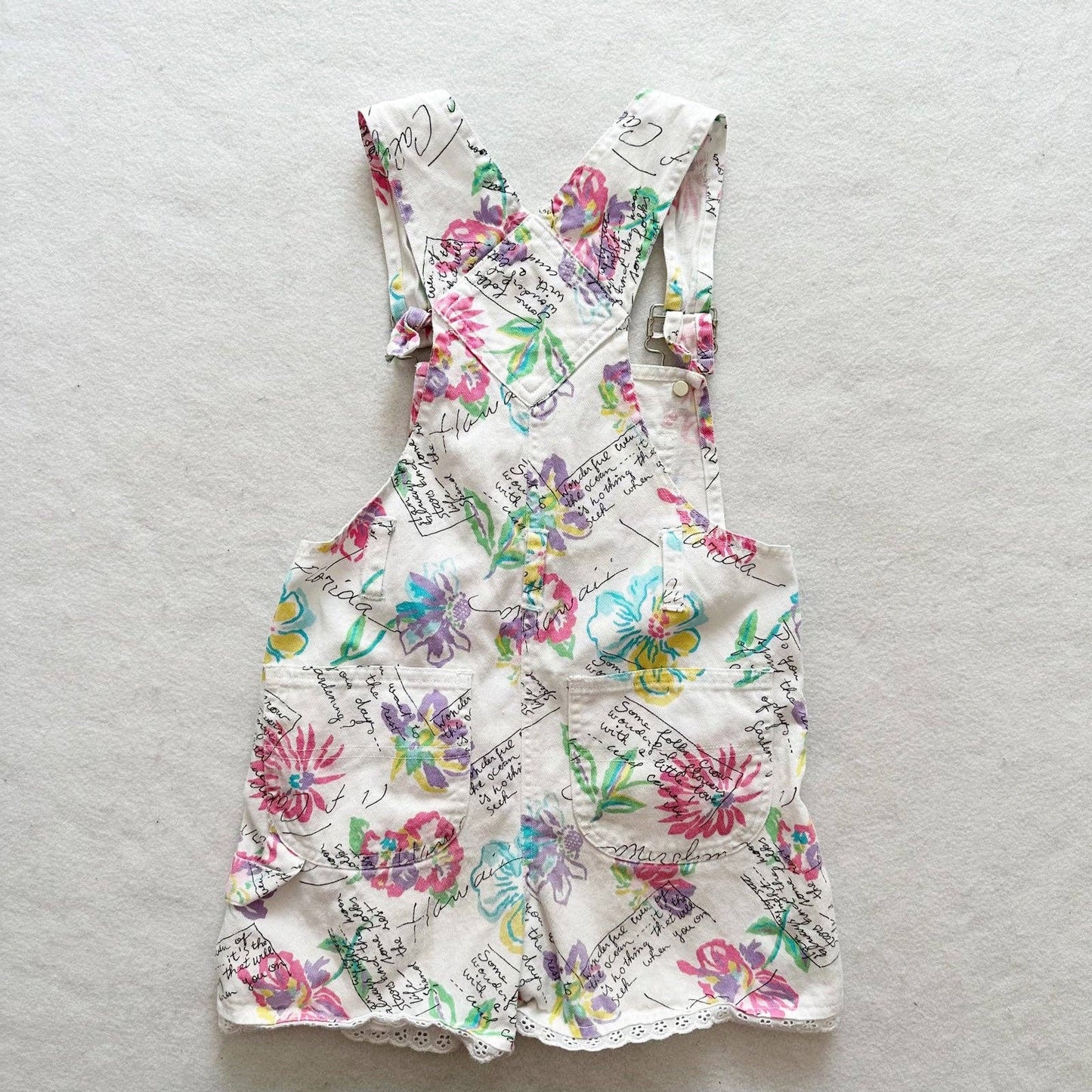 90s Floral Vacation Print Shortall Overalls - Yellow Clover Vintage Kids Clothes