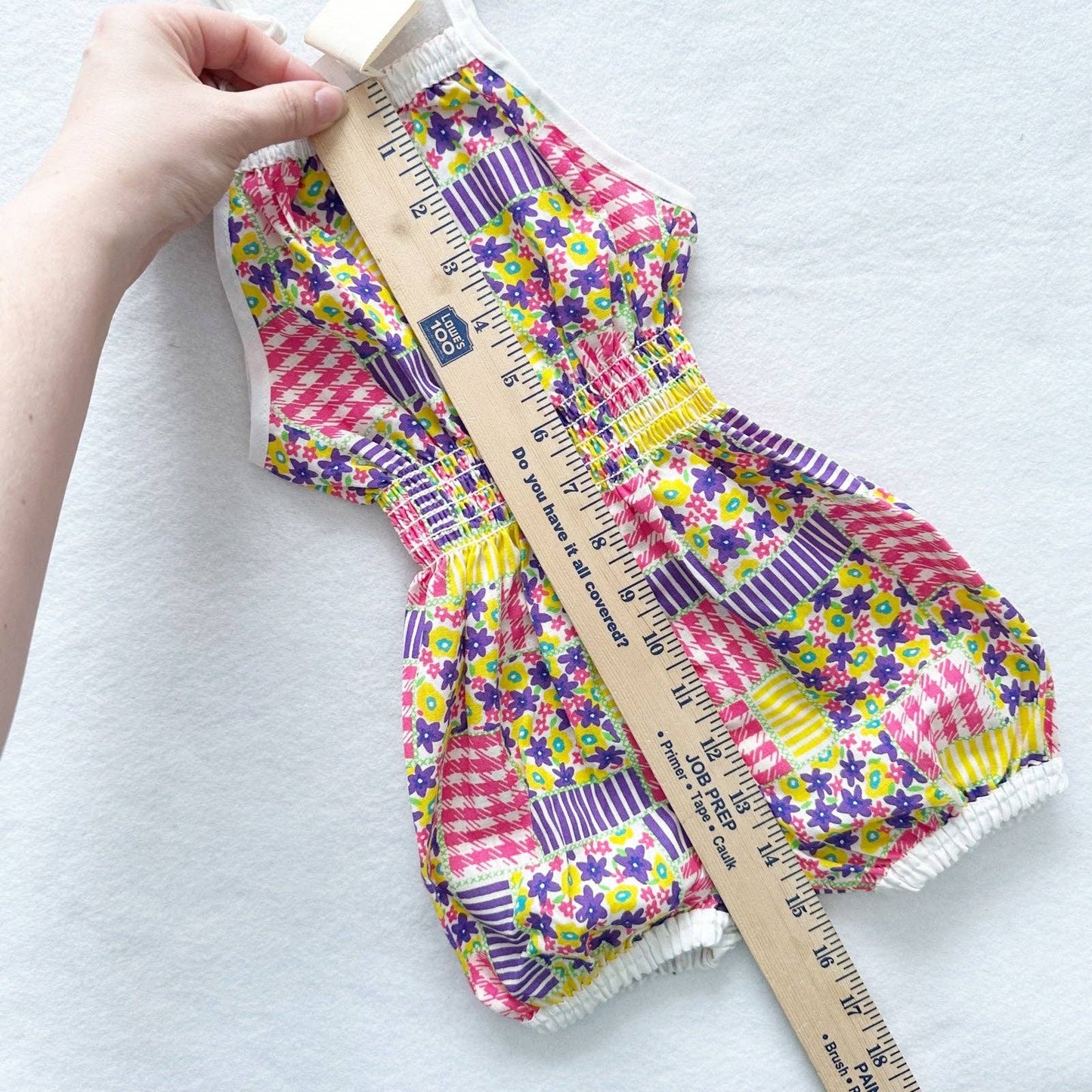 Deadstock Patchwork Print Romper - Yellow Clover Vintage Kids Clothes
