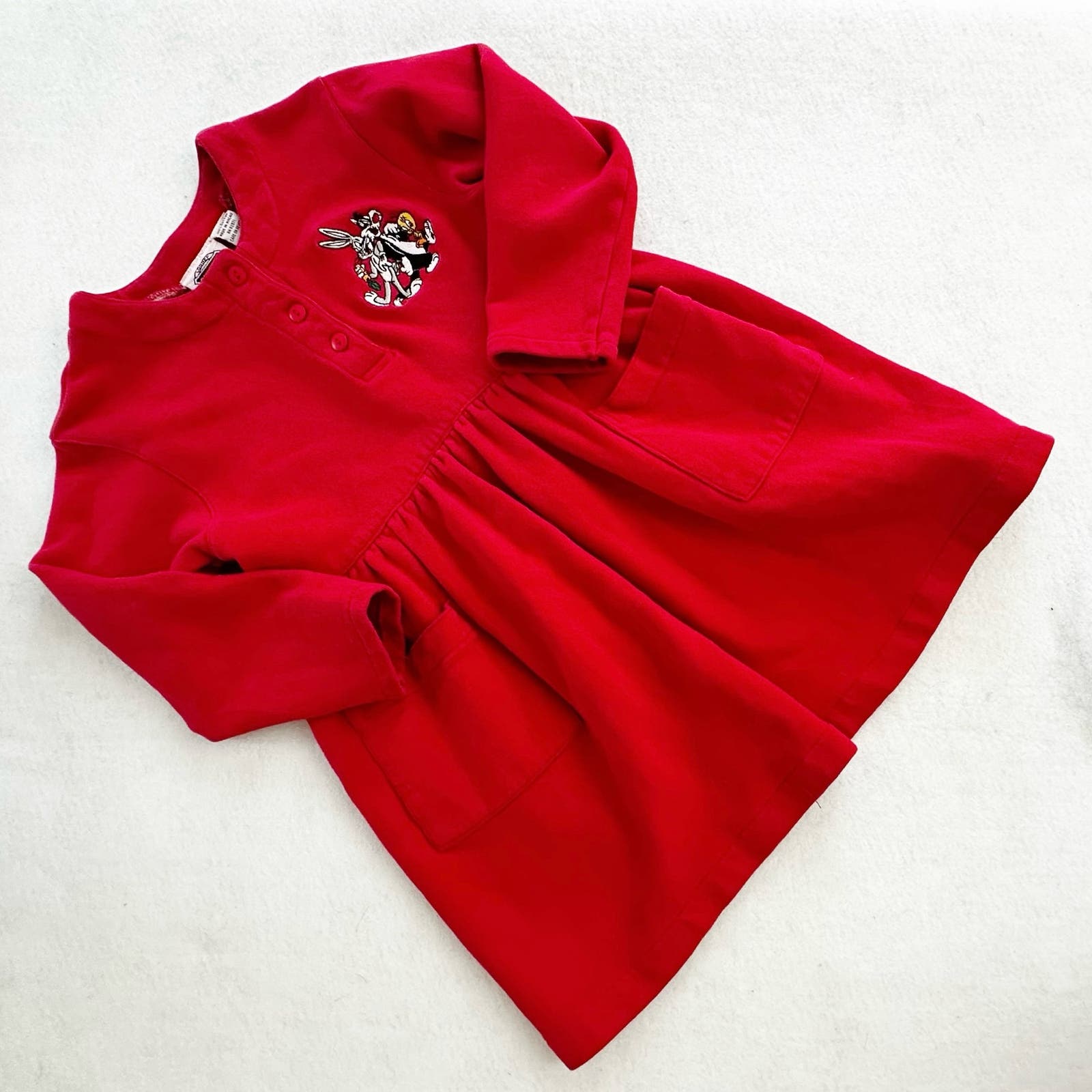 Vintage Looney Tunes Characters Embroidered Sweatshirt Dress: 5T? - Yellow Clover Vintage Kids Clothes