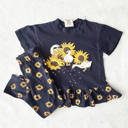 Vintage Spumoni Goose Sunflower Peplum Top + Leggings: 6y - Yellow Clover Vintage Kids Clothes