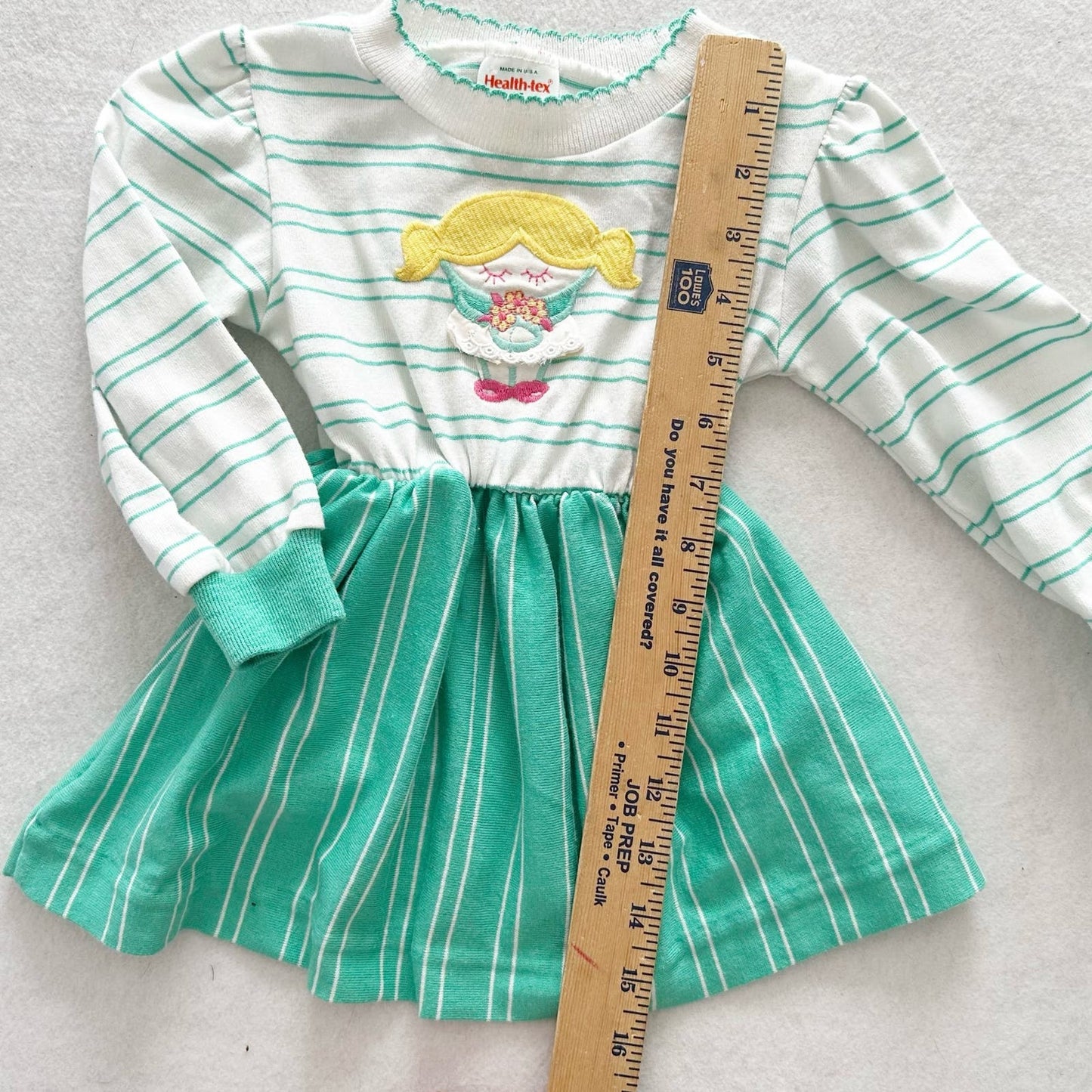 Vintage Healthtex Girl Appliqué Green Stripe Dress: 18/24m? - Yellow Clover Vintage Kids Clothes