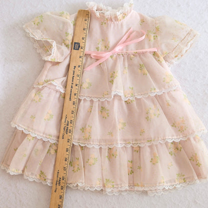 Vintage HRH Pink Floral Flocked Tiered Organza Toddler Dress, 2T