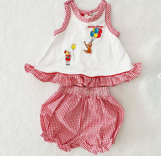 Vintage Curious George Embroidered Balloon Gingham Seersucker Baby Girl Set - Yellow Clover Vintage Kids Clothes