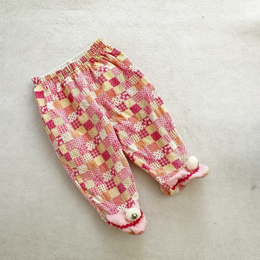 Vintage Patchwork Print Footed Pom Pants with Bells: 3/6m?