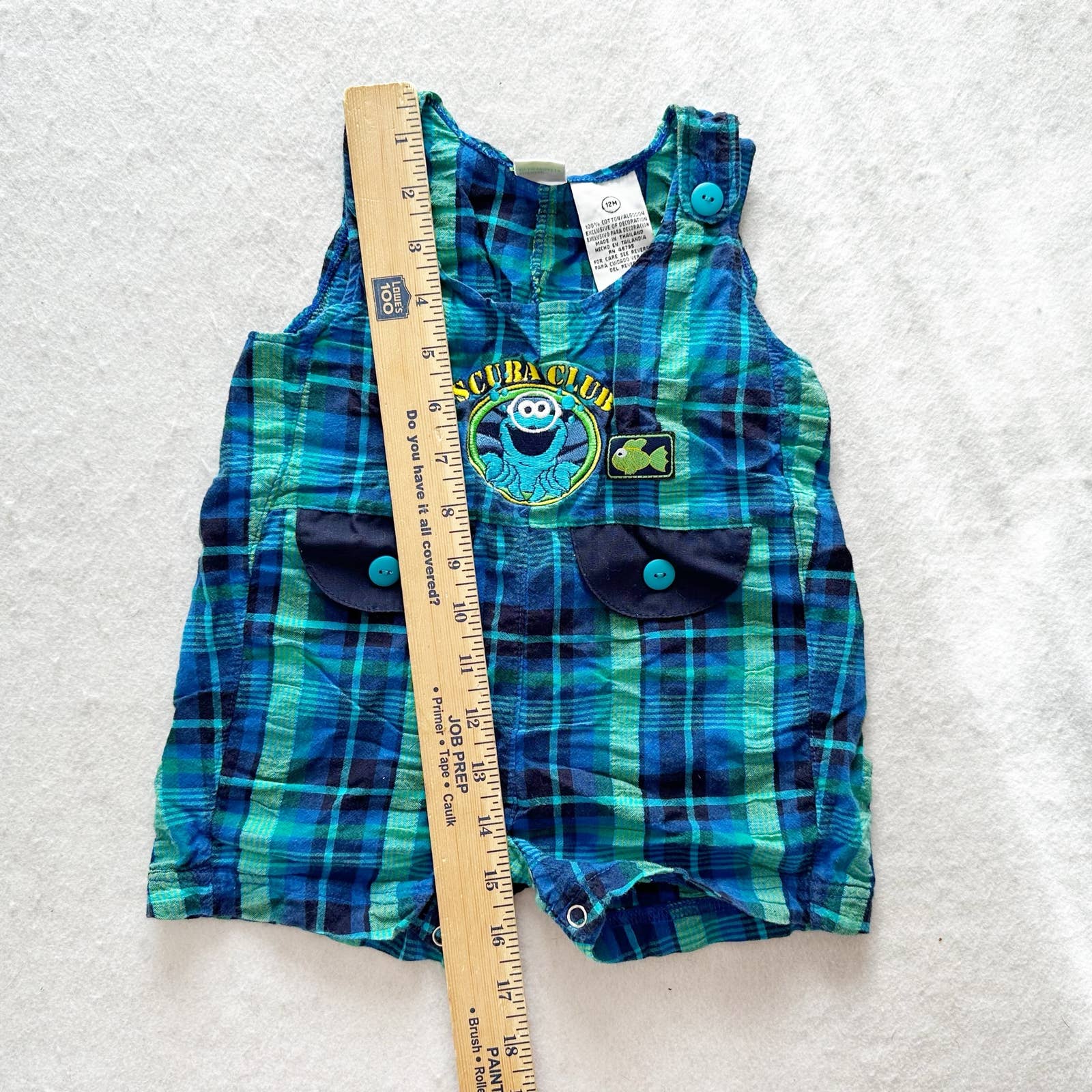 Vintage Sesame Street Cookie Monster Scuba Plaid Romper: 12m - Yellow Clover Vintage Kids Clothes