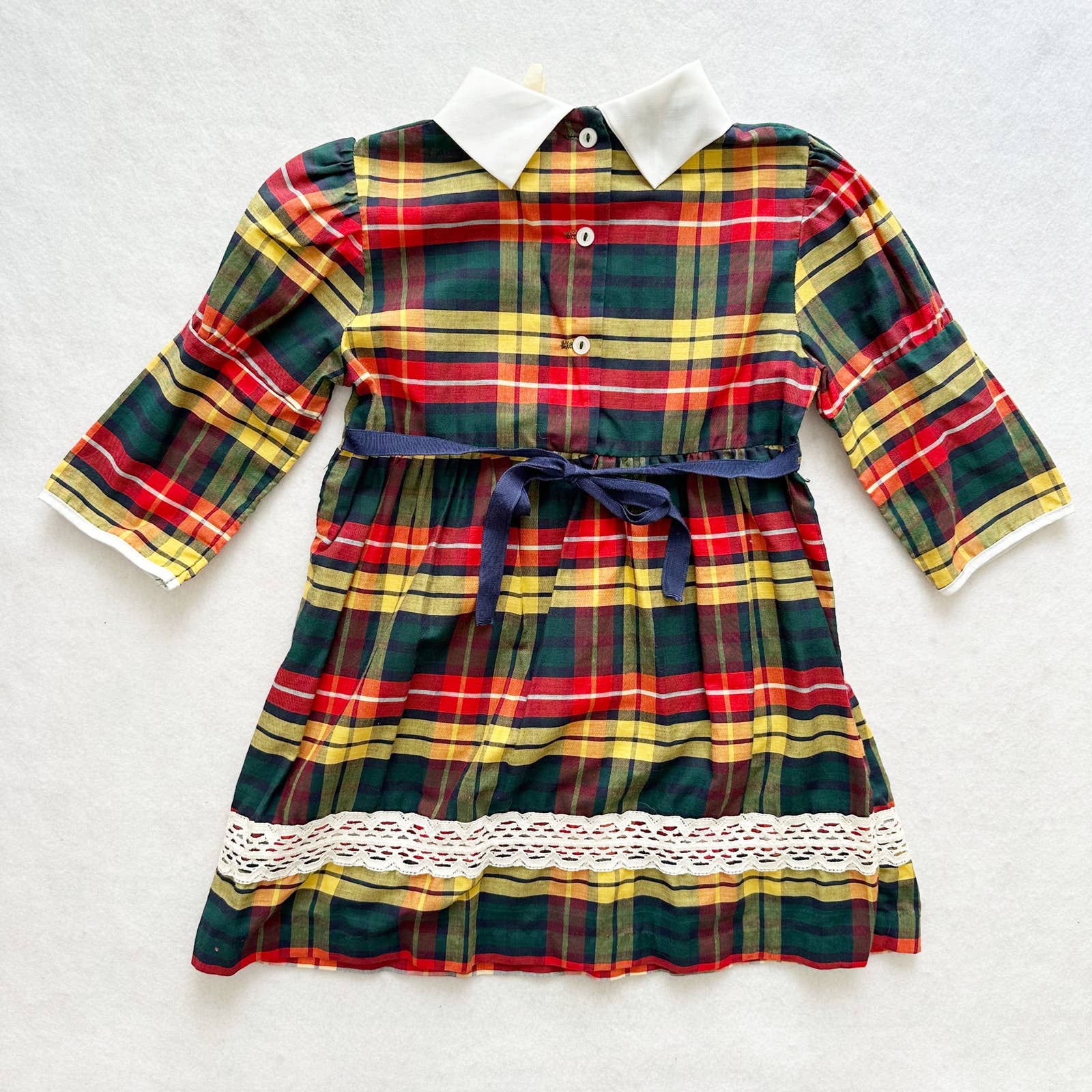 Vintage Plaid High Neck Crochet Lace Detail Dress: 4T - Yellow Clover Vintage Kids Clothes