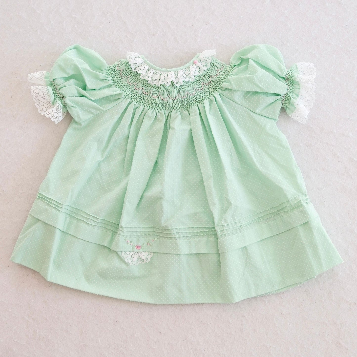 Vintage Mint Swiss Dot Smocked Embroidered Baby Bishop Dress, 12M
