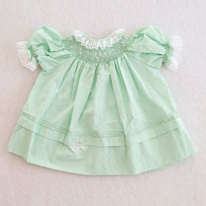 Vintage Mint Swiss Dot Smocked Embroidered Baby Bishop Dress, 12M
