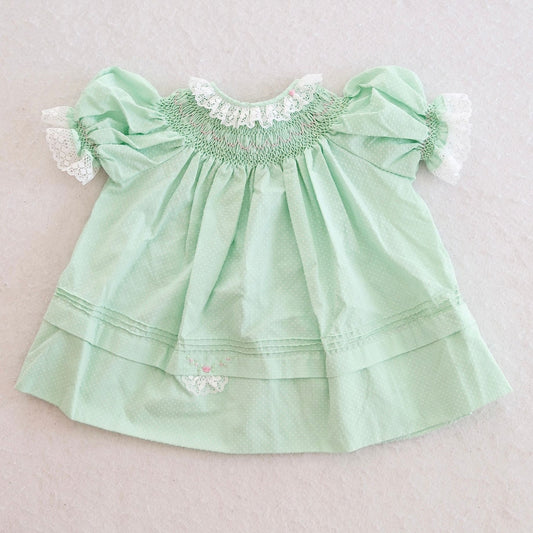 Vintage Mint Swiss Dot Smocked Embroidered Baby Bishop Dress, 12M