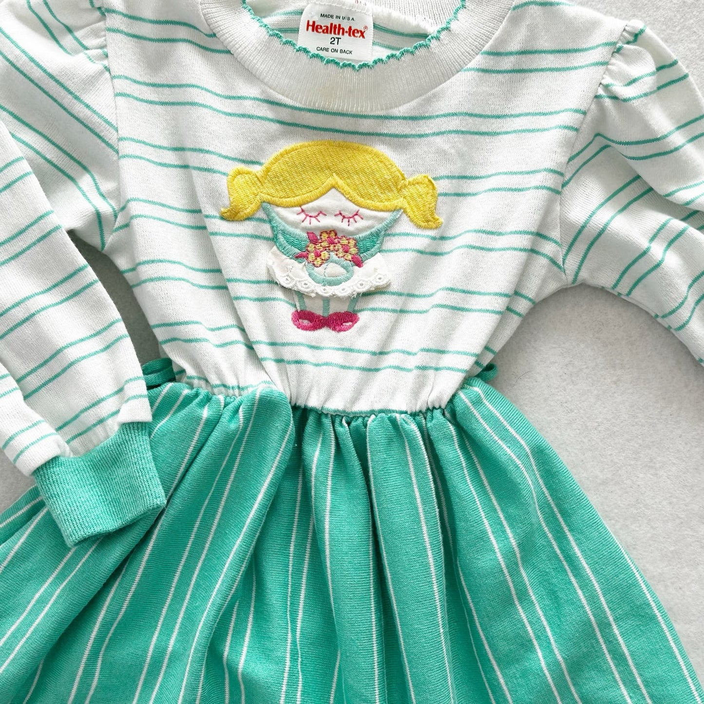 Vintage Healthtex Girl Appliqué Green Stripe Dress: 18/24m? - Yellow Clover Vintage Kids Clothes