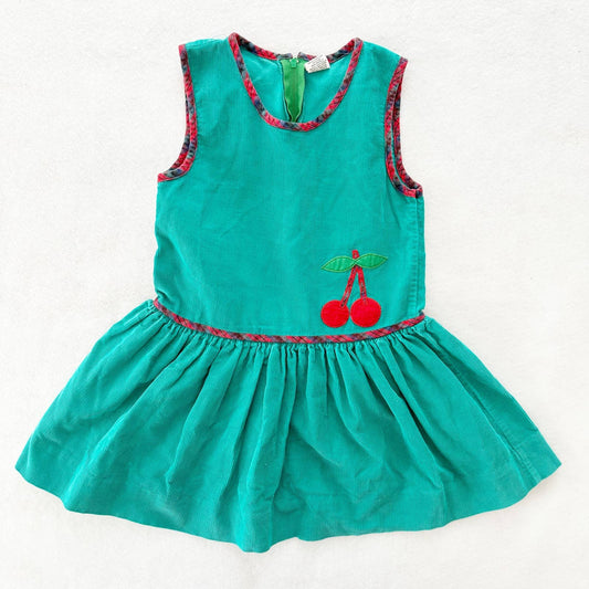 Vintage Cherry Appliqué Green Cord Dress: 5T? - Yellow Clover Vintage Kids Clothes