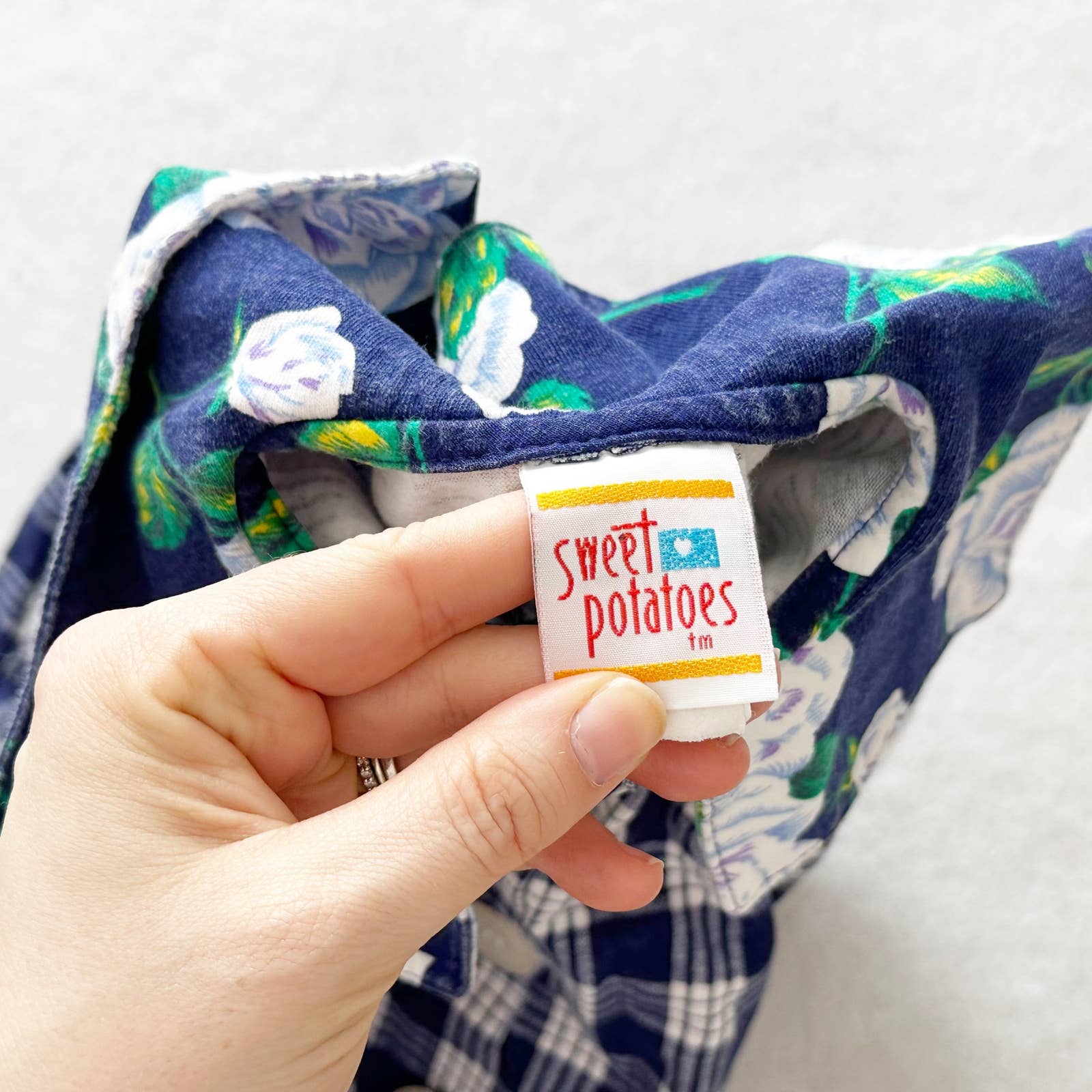 Vintage Sweet Potatoes Plaid Floral Collar Romper: 24m? - Yellow Clover Vintage Kids Clothes